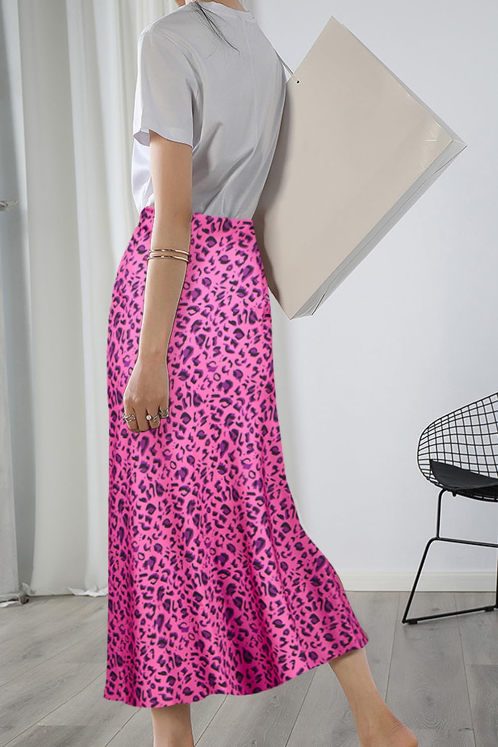 Keasmto Leopard Skirt for Women Midi Length High Waist Silk Satin Elasticized Cheetah Casual Ladies Skirts thumbnail 6