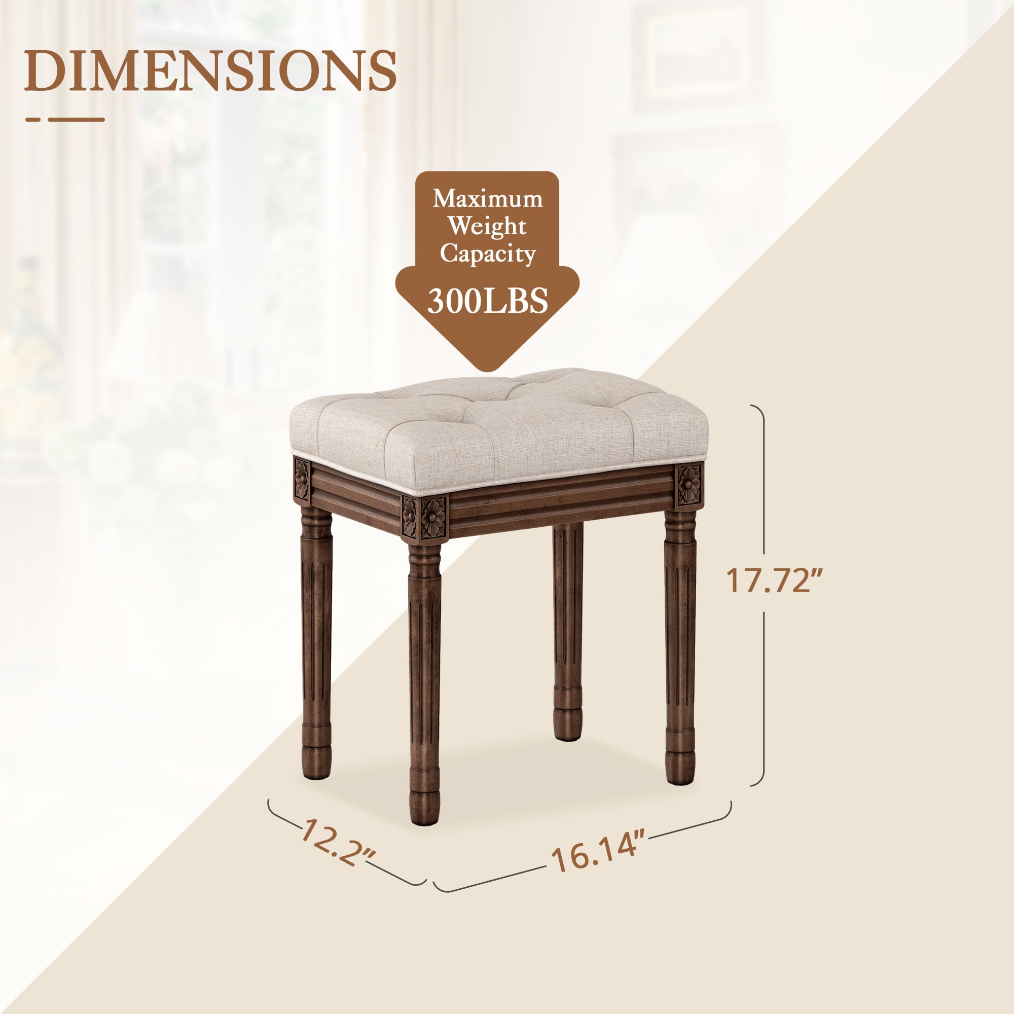 LUE BONA Upholstered Fabric Vanity Bench Seat, Makeup Stools for Vanity, Square Tufted Ottoman Bench with Carved Wood Color Legs for Bedroom Living Room, Beige: Linen Color-dark Brown