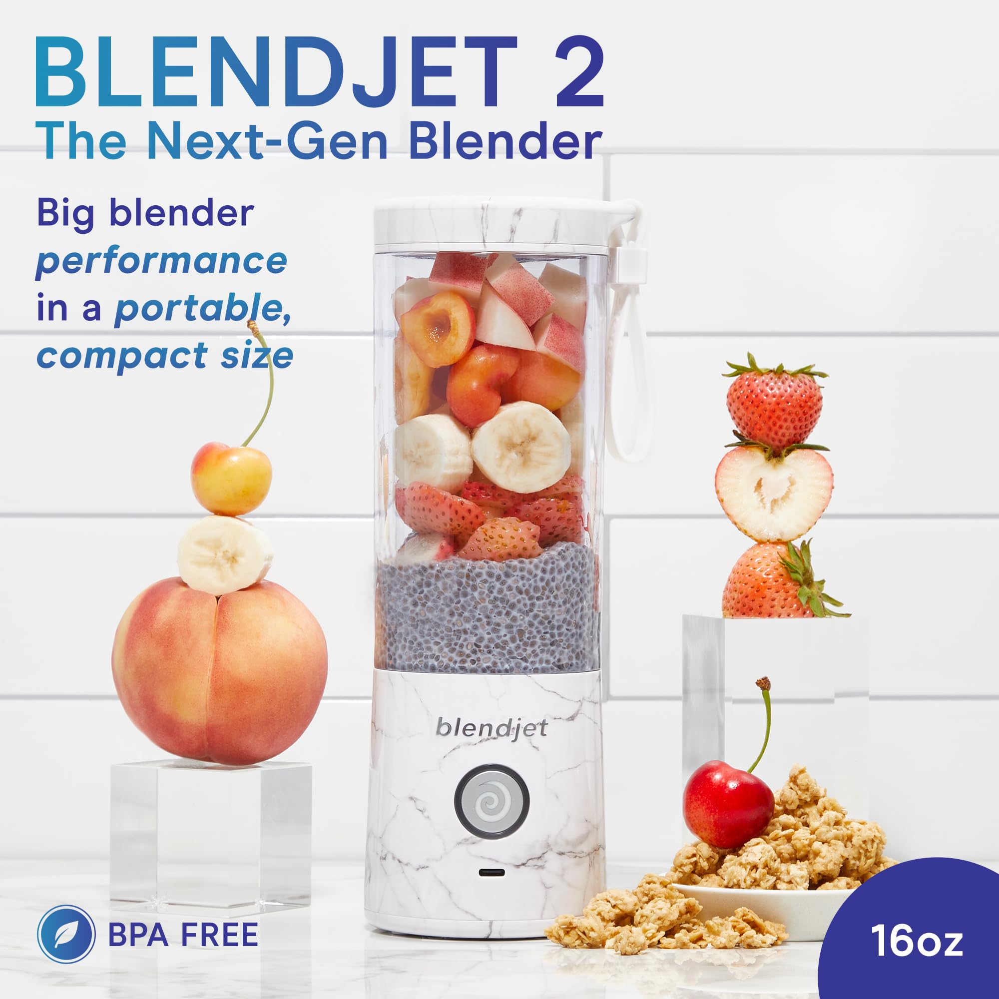 BlendJet Portable Blender for Smoothies & Shakes - 16oz BlendJet 2 Cordless Personal & Small Blender, USB-C Rechargeable & Self Cleaning - Quiet Mini Travel Blender with Stainless Steel Blade (Mint): BlendJet Portable Blender for Smoothies & Shakes - 16oz, 3 Speeds, USB-C Rechargeable, Self Cleaning, Mini Travel Blender with Stainless Steel Blade (White Marble)