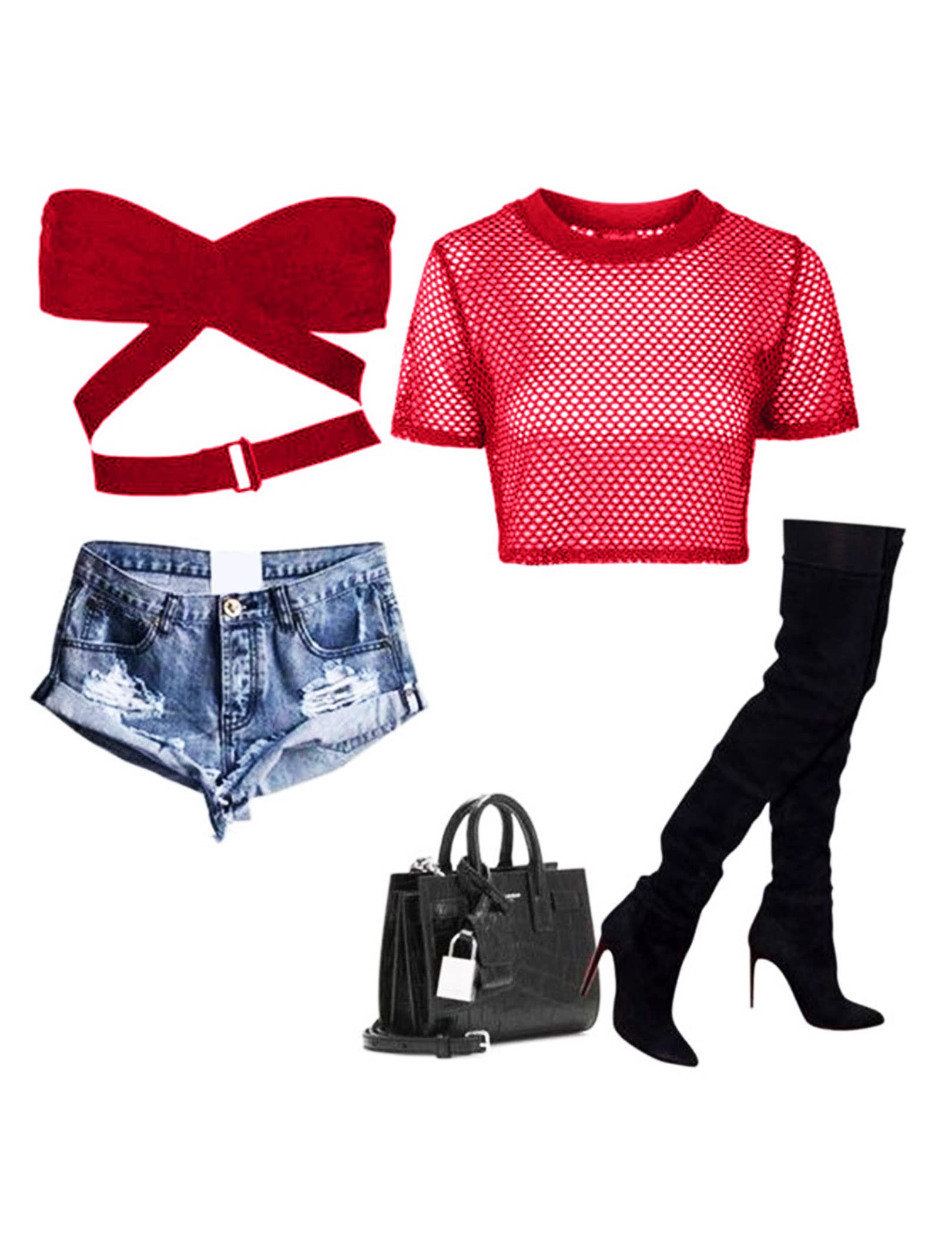 Avidlove Fishnet Crop Top for Women Y2K Short Sleeve See Through Shirt O Neck Pullover Blouse: Short Sleeve Medium Red