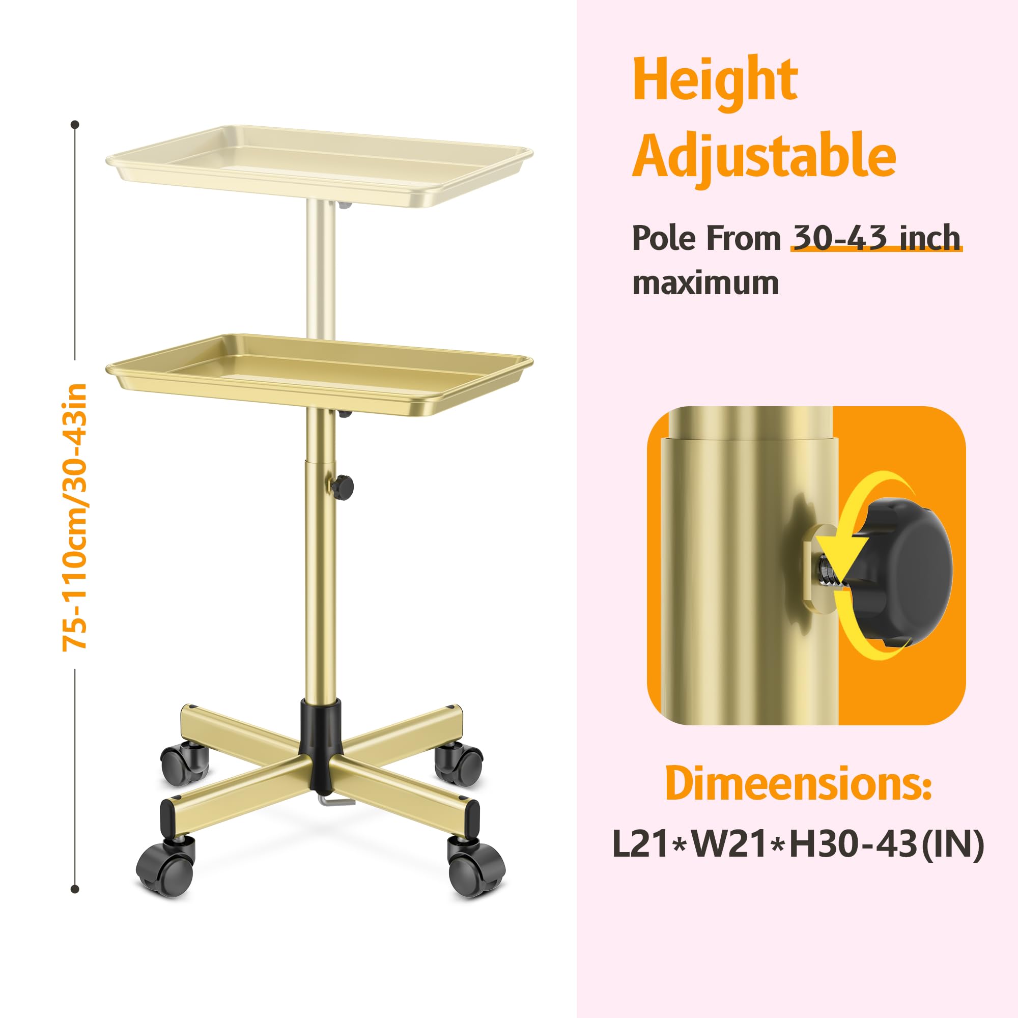DEER BEAUTY Salon Tray on Wheels - Premium Aluminum Tattoo Tray Rolling Trolley - Adjustable Salon Service Rolling Tray Hairdresser Cart with Clinic Spa Rolling Tray Wheels (): Bronze