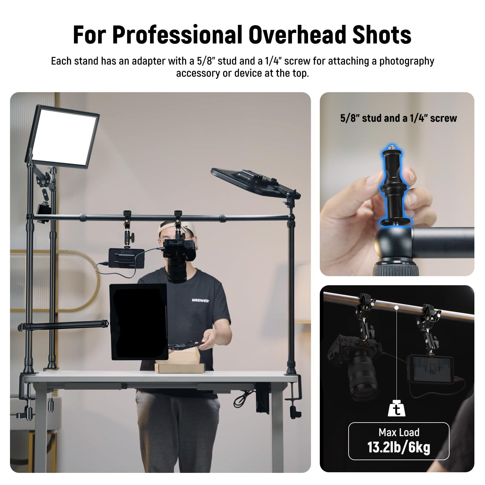 NEEWER Overhead Camera Mount Rig with 2 Ball Heads, Super Clamp/Mobile Phone Holder/Camera Desk Mount, Multi Device Mount, Platform Overhead Tripod, Adjustable Height Width, Max Load 12 kg, NK002: Overhead Rig with 3 C Clamp Stand