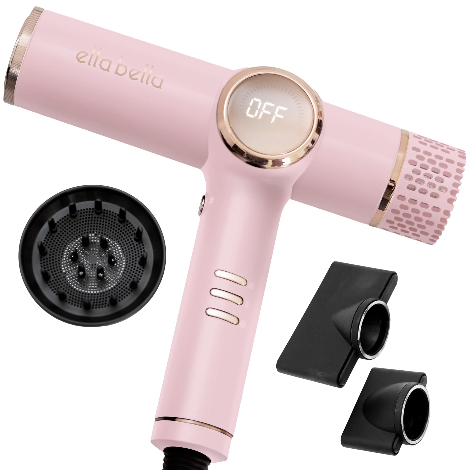 ELLA BELLA® Professional Ionic Hair Dryer with Diffuser • Negative Ion Blow Dryer • Suitable All Hair Types • Intelligent Heat Control & Rapid Drying Speeds • Lightweight Design • Low Noise Technology