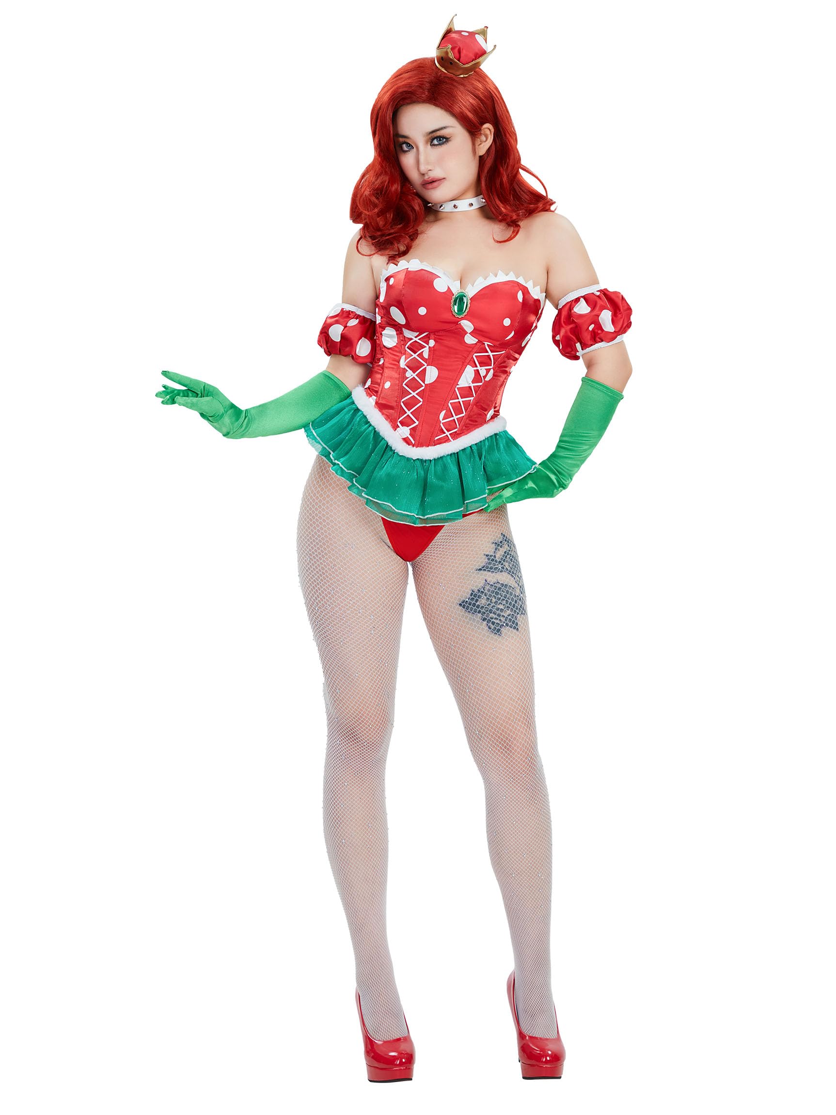 Mobbunny Women Sexy Princess Cosplay Set Mushroom Costume Ruffles Corset Top and Thong with Pantyhose and Gloves thumbnail 1