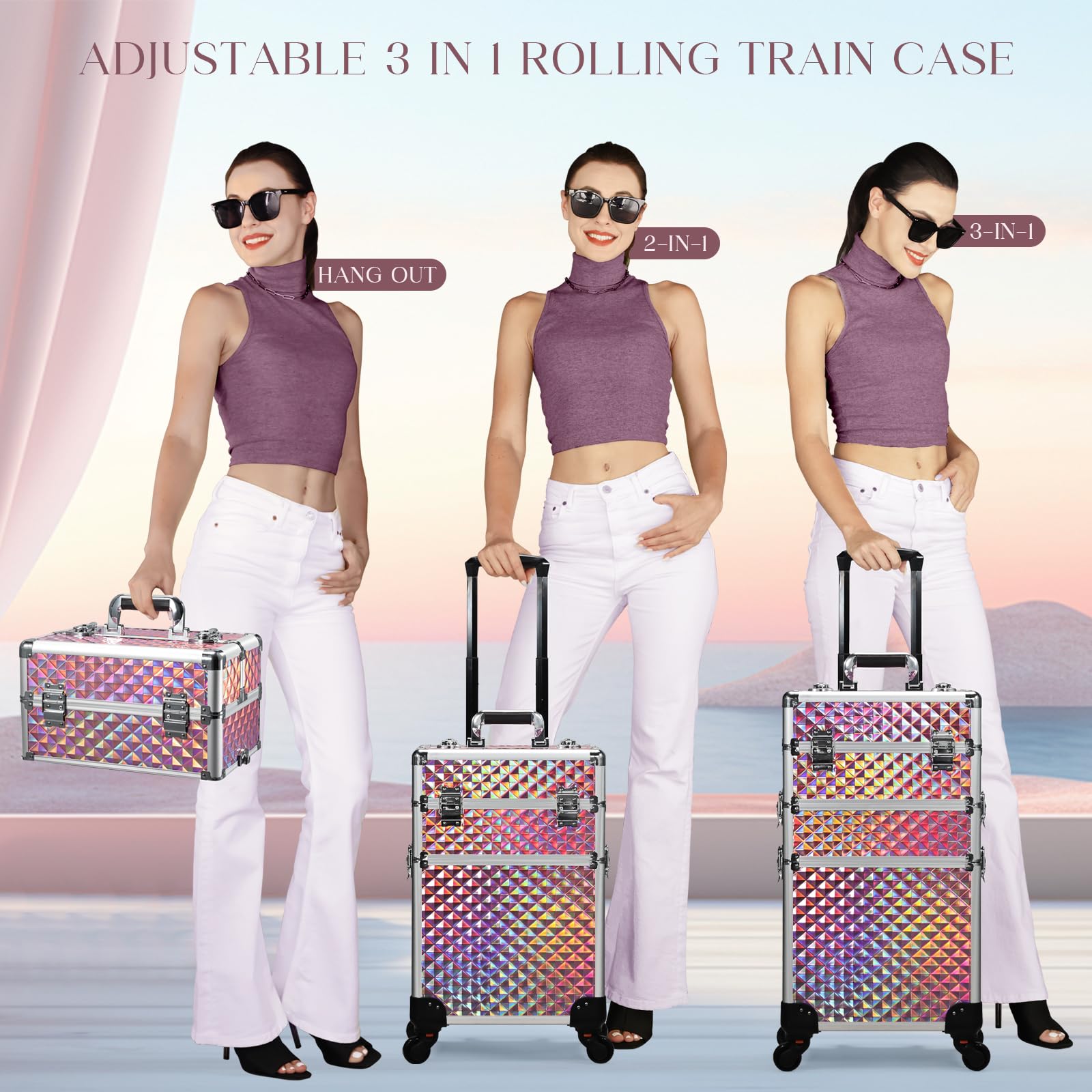 FRENESSA 3 in 1 Rolling Makeup Train Case Portable Cosmetic Trolley Large Storage for Professional with 360° Swivel Wheels Salon Barber Case Traveling Cart Trunk - Glitter Pink
