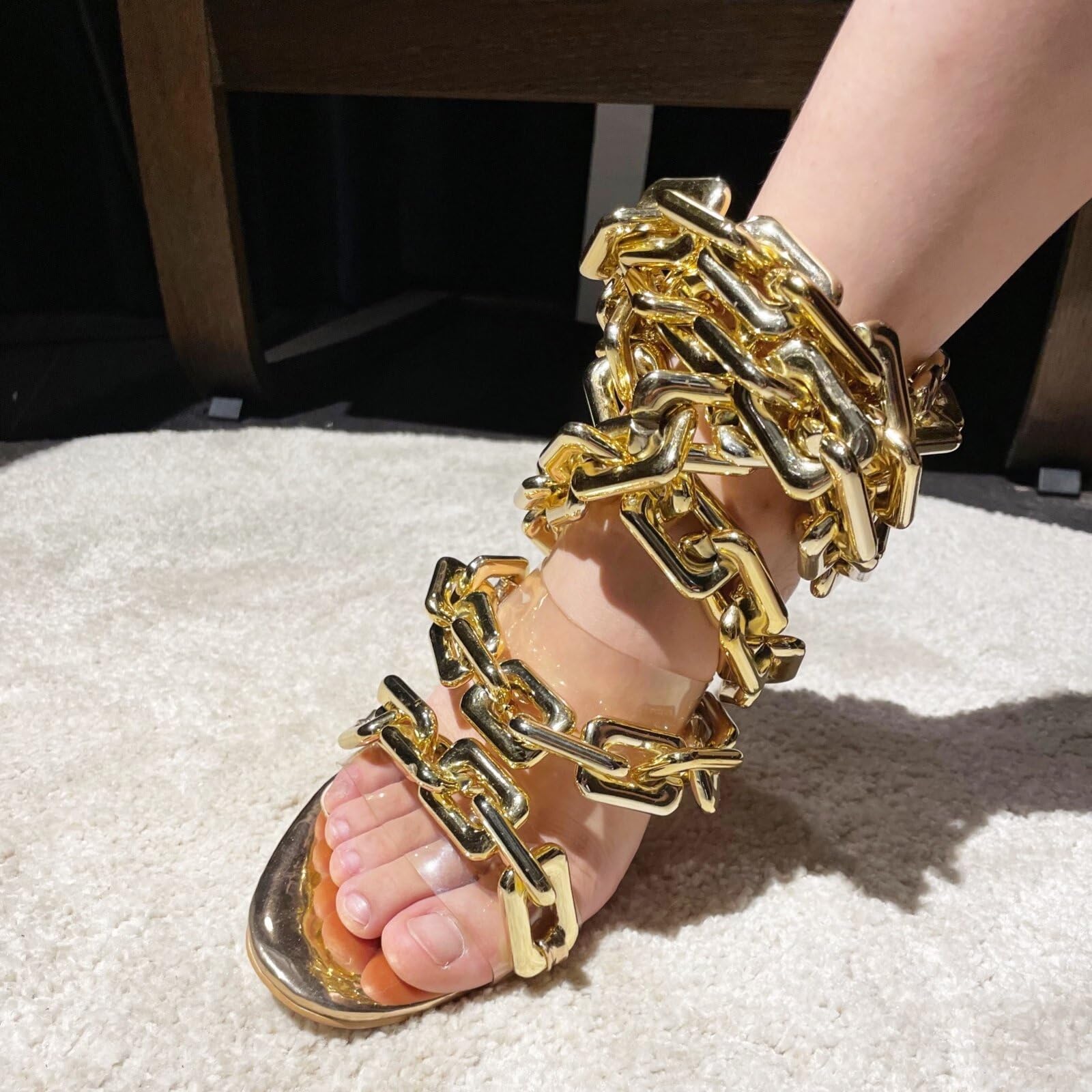 Frankie Hsu Luxury Women's Ankle Leg Lace Up Gold Link Chain Clear PVC Strappy Stiletto Round Toe High Heeled Sandals