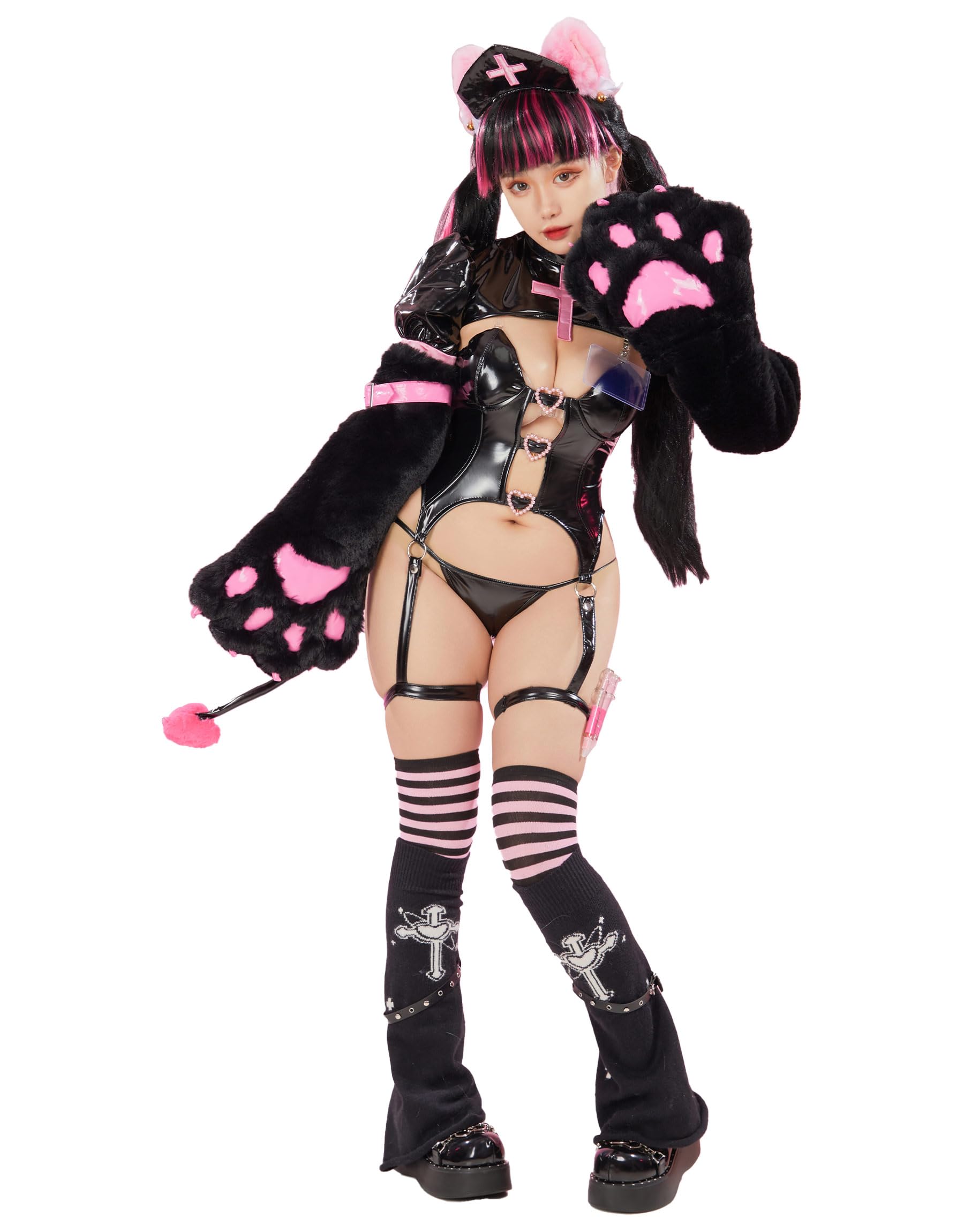 Mobbunny Nurse Cosplay Costume Nurse Lingerie Set Top and Panty with Furry Cat Paw Claws Sleeves and Thigh Socks: Small Black