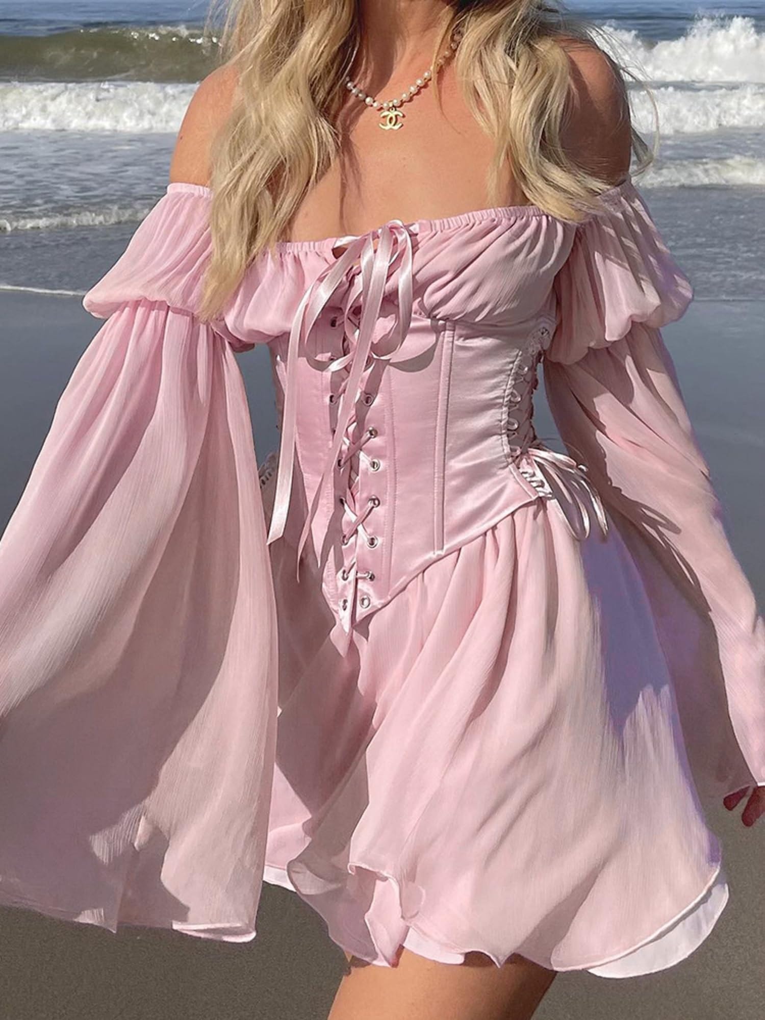TSMNZMU Womens Two Piece Sets Corset Dress Off Shoulder Bell Sleeve Chiffon Dresses Lace-Up Mini Bustier Party Dress - Image 2