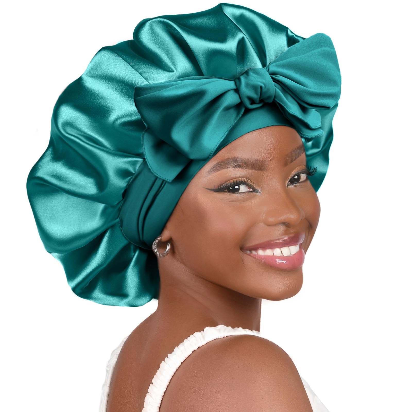 YANIBEST Silk Bonnet for Sleeping Women Satin Bonnet Double Layer Satin Lined Hair Bonnet with Tie Band Curly Hair: Blue Zircon