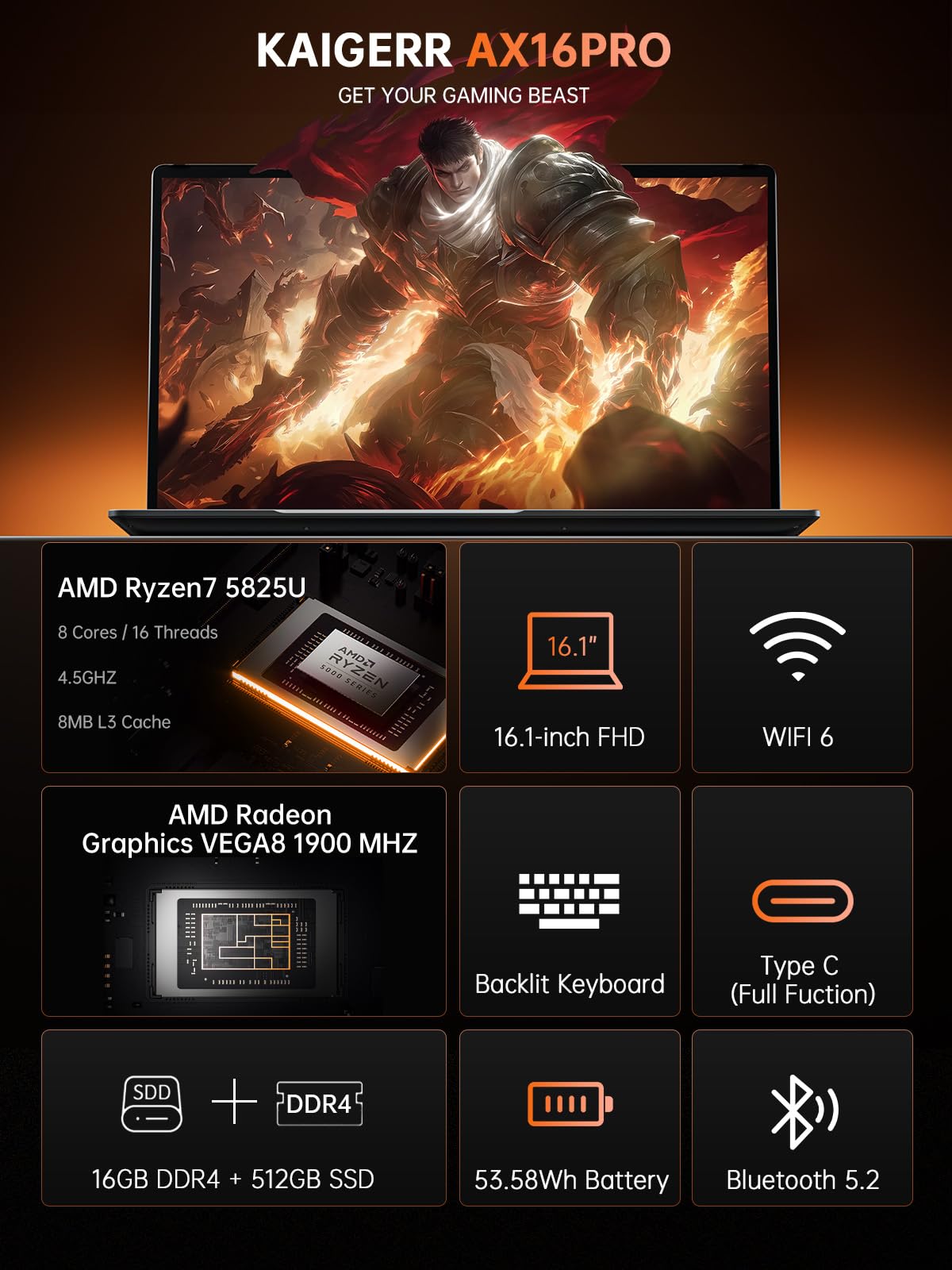 KAIGERR 2025 Laptop, Laptop Computer with Intel Quad-Core Processor(Up to 3.6GHz), 16GB DDR4 512GB SSD Windows 11 Laptop, 15.6" IPS 1080P, Metal Shell, USB3.2: Gaming Laptop, Laptop with AMD Ryzen 7 5825U (8C/16T, Up to 4.5GHz), 16GB RAM 512GB NVMe SSD Laptop Computer, Radeon RX Vega 8 Graphics, 16.1-inch FHD Display, WiFi 6, 53Wh Battery, Backlit KB