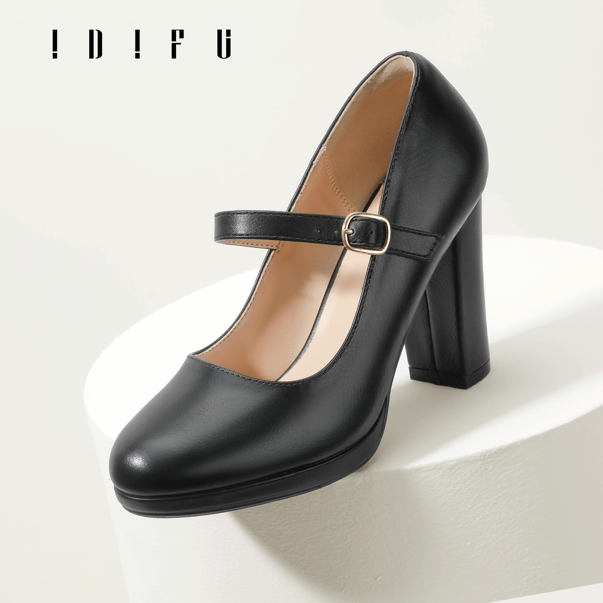 IDIFU IN4 Mary Jane Shoes Closed Toe Heels Platform High Chunky Block Heels Women's Pumps Comfortable Dress Shoes for Women Wedding Bridal Work Fashion Round Toe Pumps Shoes: 5.5 Black Pu