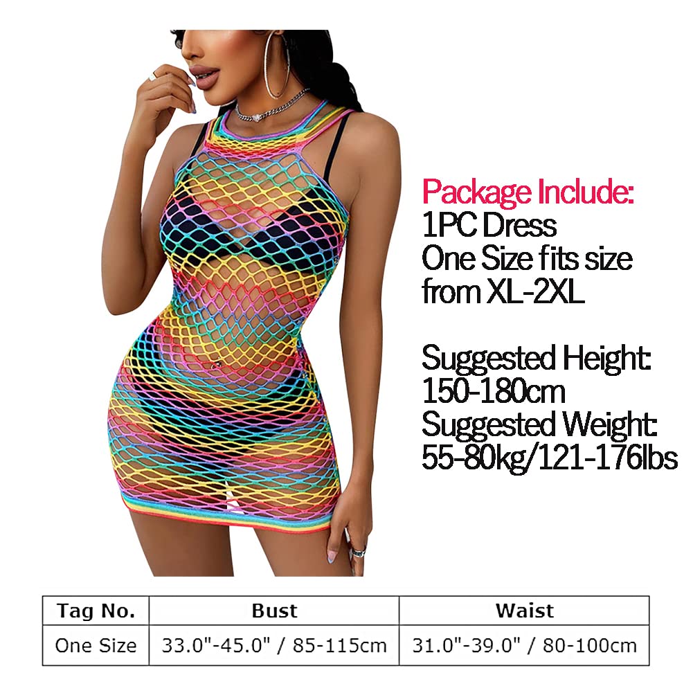 ABAFIP Women Colorful Rainbow Striped Fishnet Bodysuit Teddy Babydoll Mini Dress Festival Rave Dance Bikini Beach Coverups