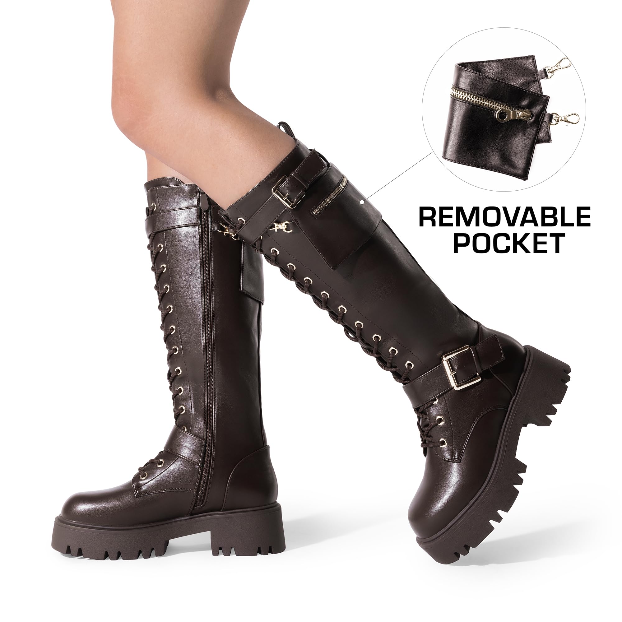 DREAM PAIRS Women's Combat Riding Platform Knee High Boots, Lace Up Fall Lug Sole Gothic Motorcycle Boots with Inside Zipper: 7.5 Brown