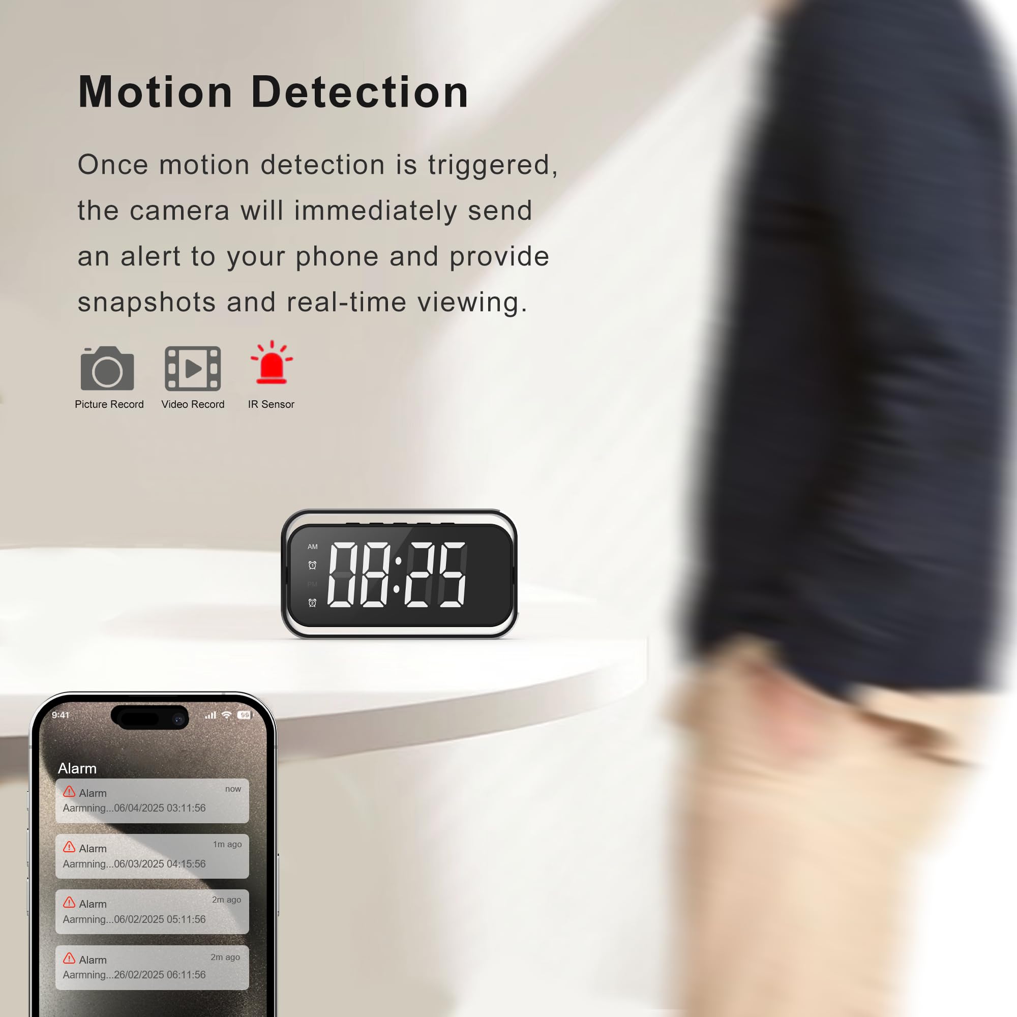 Wireless Security Camera for Home Security, 4K Nanny Cam with Two Sets of Alarm Clock Setting for Indoor Safety, HD Night Vision & Motion Detection Alerts, Security Recording with Mobile Phone App