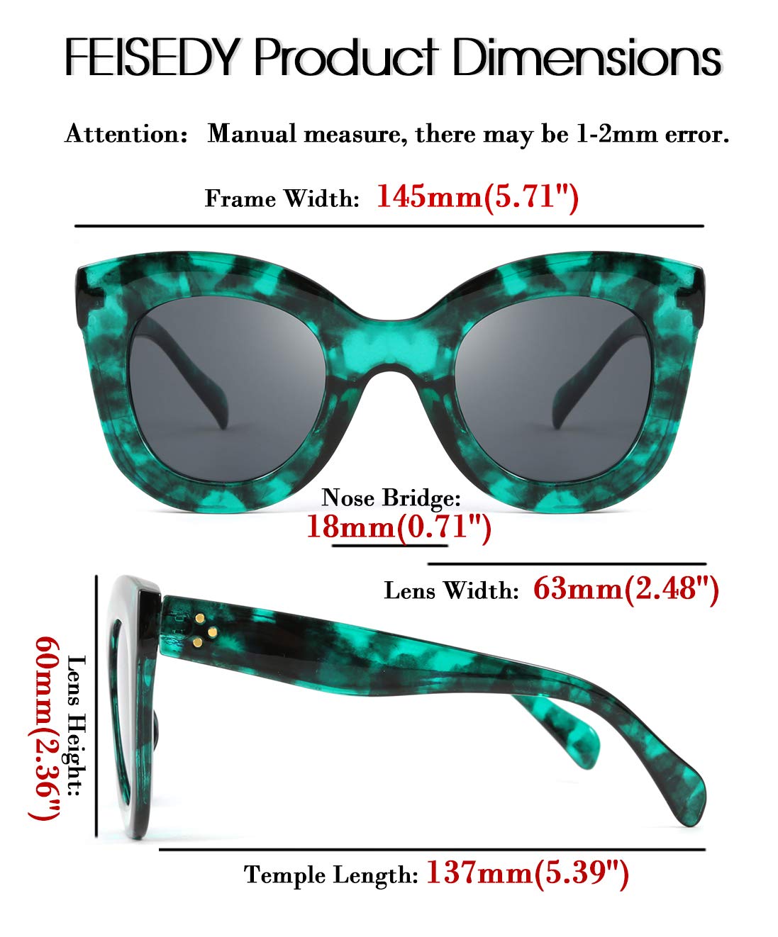 FEISEDY Retro Oversized Square Horn Sunglasses Semi Cat Eye Butterfly Glass Big Thick Bold Frame B2572 thumbnail 6