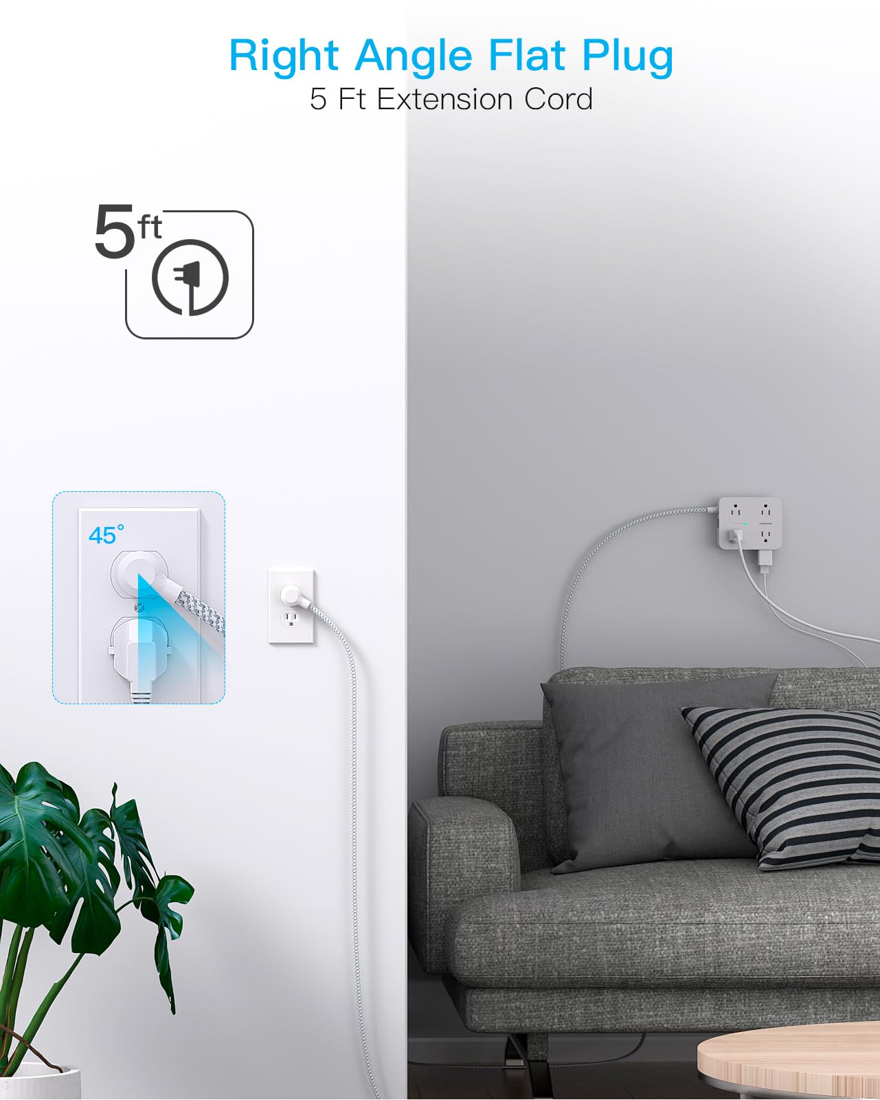 Surge Protector Power Strip - HANYCONY 8 Outlets 4 USB (2 USB C) Charging Ports, Multi Plug Outlet Extender, 5Ft Braided Extension Cord, Flat Plug Wall Mount Desk Charging Station for Home Office ETL: 10Ft White