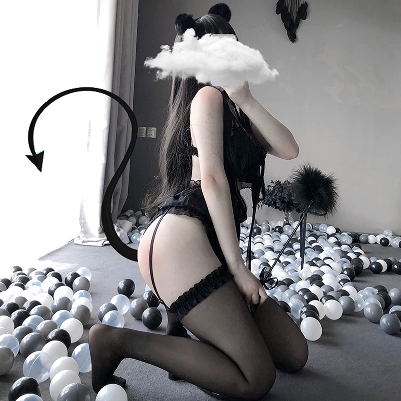 TOMORI Womens Sexy Cosplay Lingerie Set Ruffle Baby Doll Teddy Outfit Bra and Pantie Nightie with Choker: Black