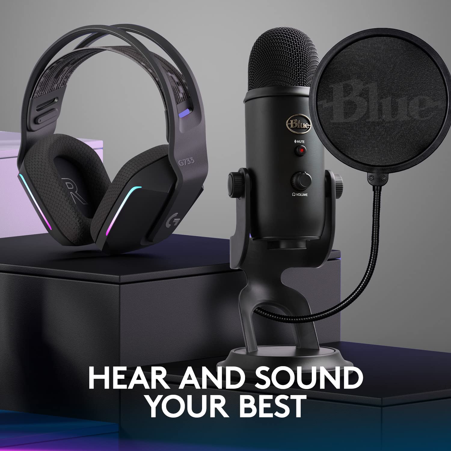 Logitech Creators Blue Yeti USB Microphone for Gaming, Streaming, Podcast, YouTube, Discord, PC, Studio Sound, Plug & Play-Blackout: Blue Yeti Game Streaming Kit with Yeti USB Gaming, Podcast Mic, Pop Filter, PC/Mac/PS5 + G733 Lightspeed Wireless Gaming Headset with Suspension Headband, Lightsync RGB, and PRO-G audio - Blackout