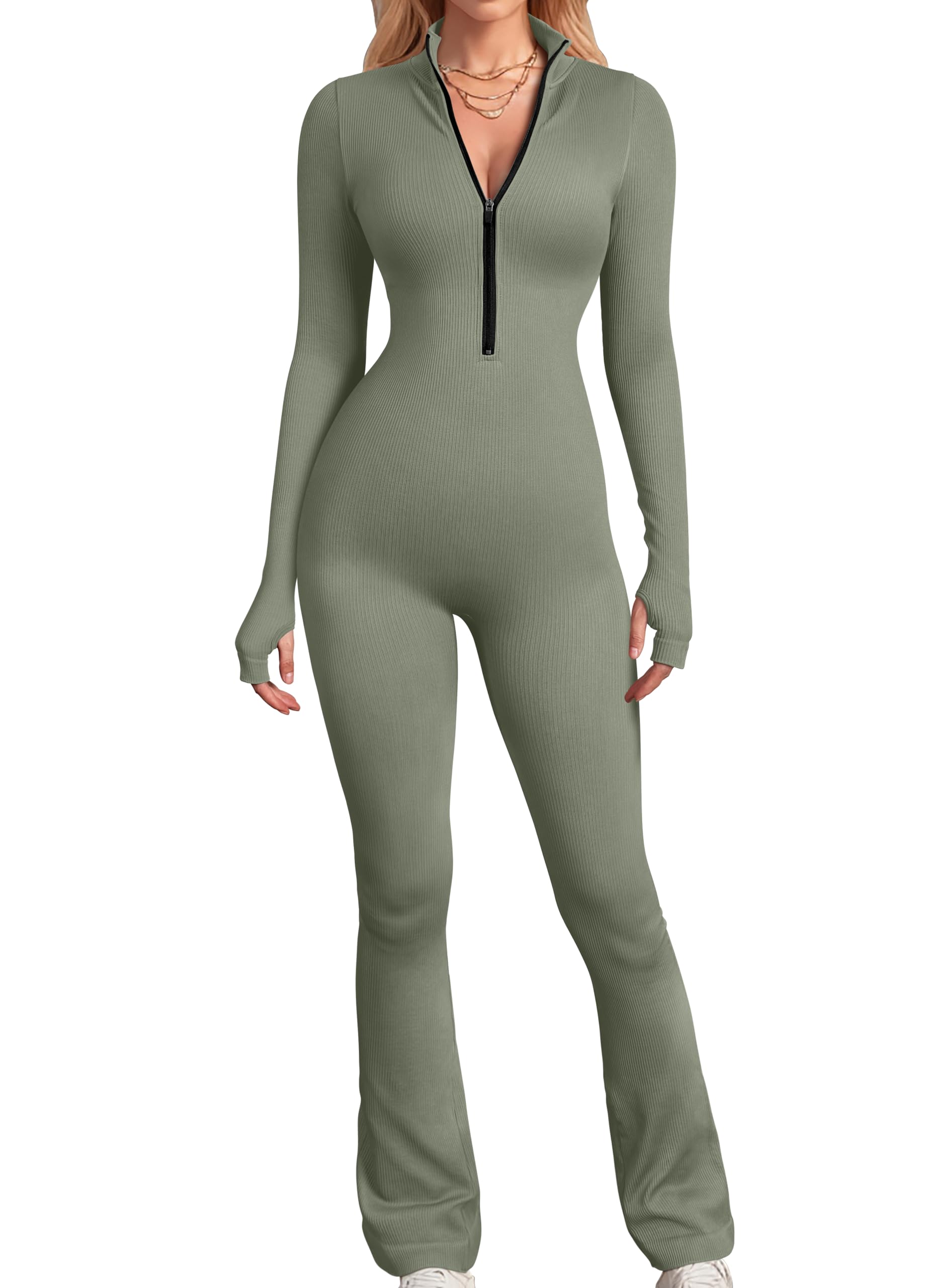 OQQ Women's Yoga Jumpsuits Ribbed Long Sleeve Zip Front Sport Bell Bottoms Flare Jumpsuits Black