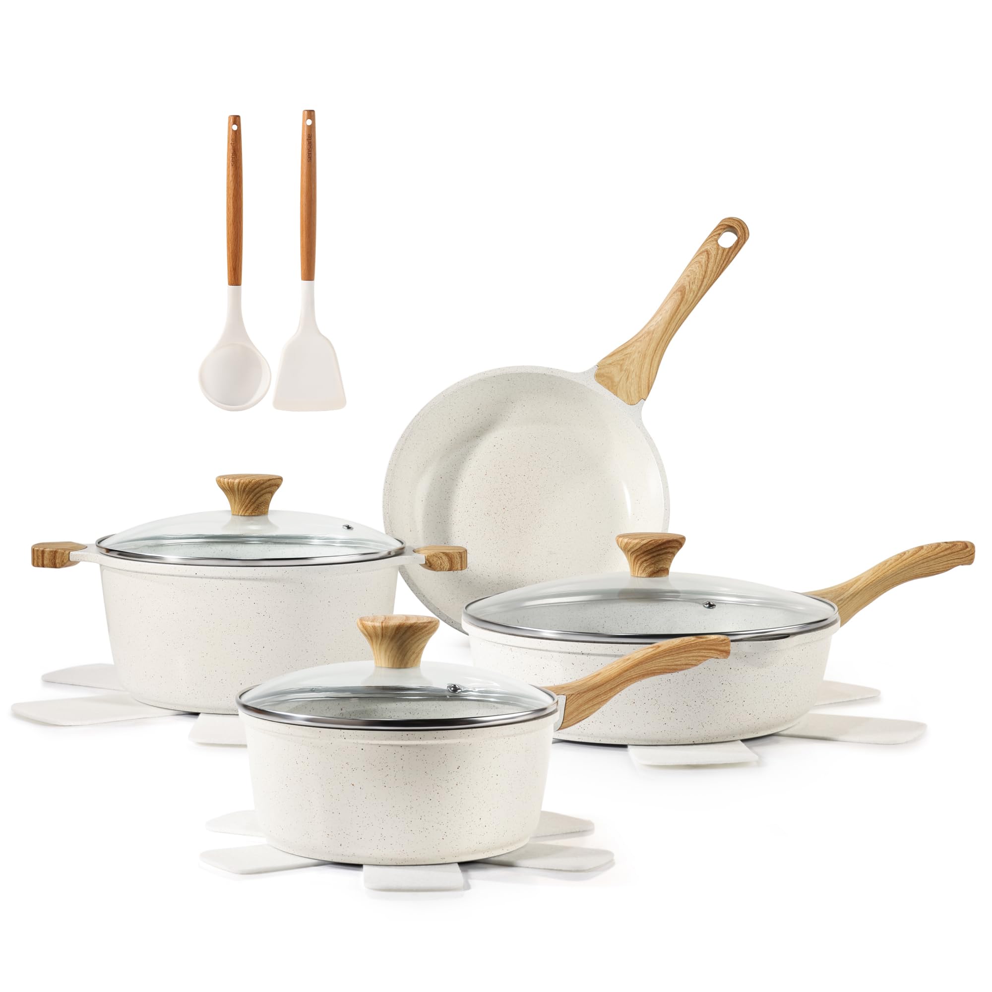 SENSARTE Nonstick Cookware Set 13-Piece, Non Stick Pots and Pans Set with Swiss Granite Coating, Healthy Kitchen Cooking Set, Stay-Cool Handles, PFOA Free: White