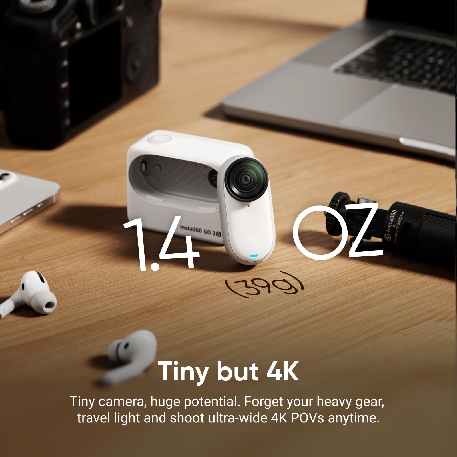 Insta360 GO 3S - 128 GB Black 4K Tiny Portable Vlogging Camera, Hands-Free POVs, Mount Anywhere, Stabilization, 140 Min Battery Life, 10m Waterproof, Pet POV: White Action Bundle