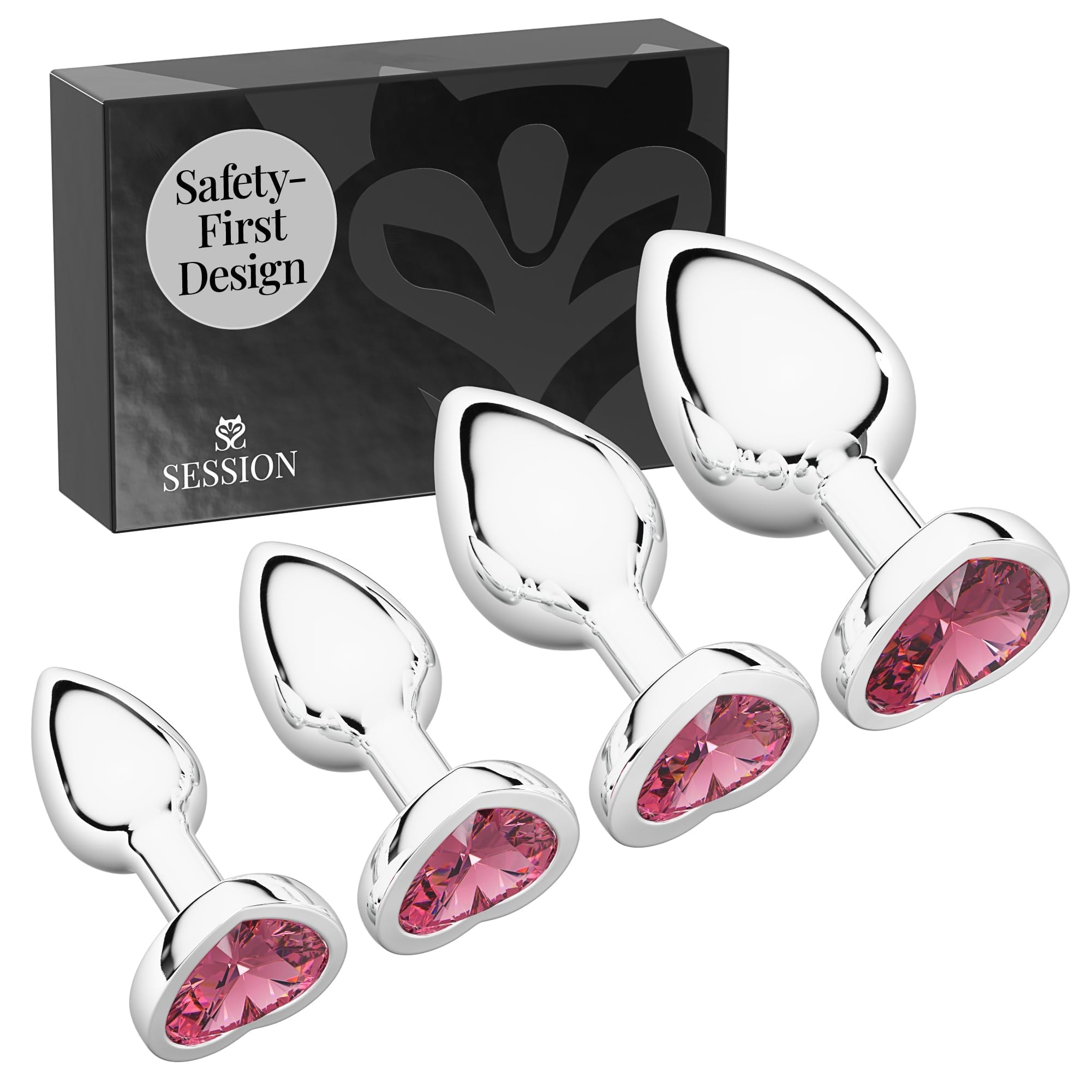 Session Jewel Butt Plug Beginner 4 Piece Set - Extra Small, Small, Medium, Large - Wide Base Prevents Slippage - Metal Anal Sex Adult Toy for Men & Women - Heart Shaped Charm (): Silver & Pink