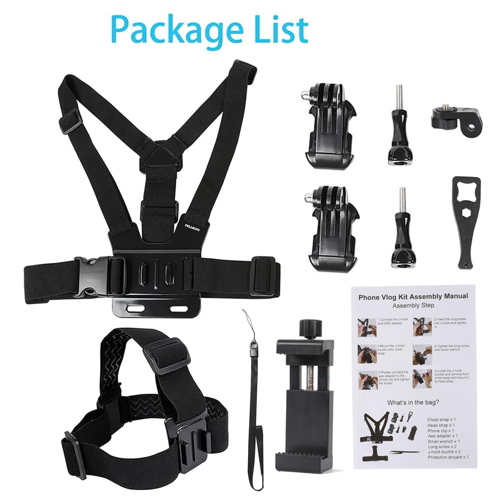 PellKing Mobile Phone Chest Strap Harness Mount Head Strap Holder Kit for POV/VLOG,Cell Phone Clip Compatible with iPhone,Samsung,GoPro Hero 9, 8,7, 6, 5, 4, 3,2, 1,AKASO,DJI Osmo,and Action Cameras…