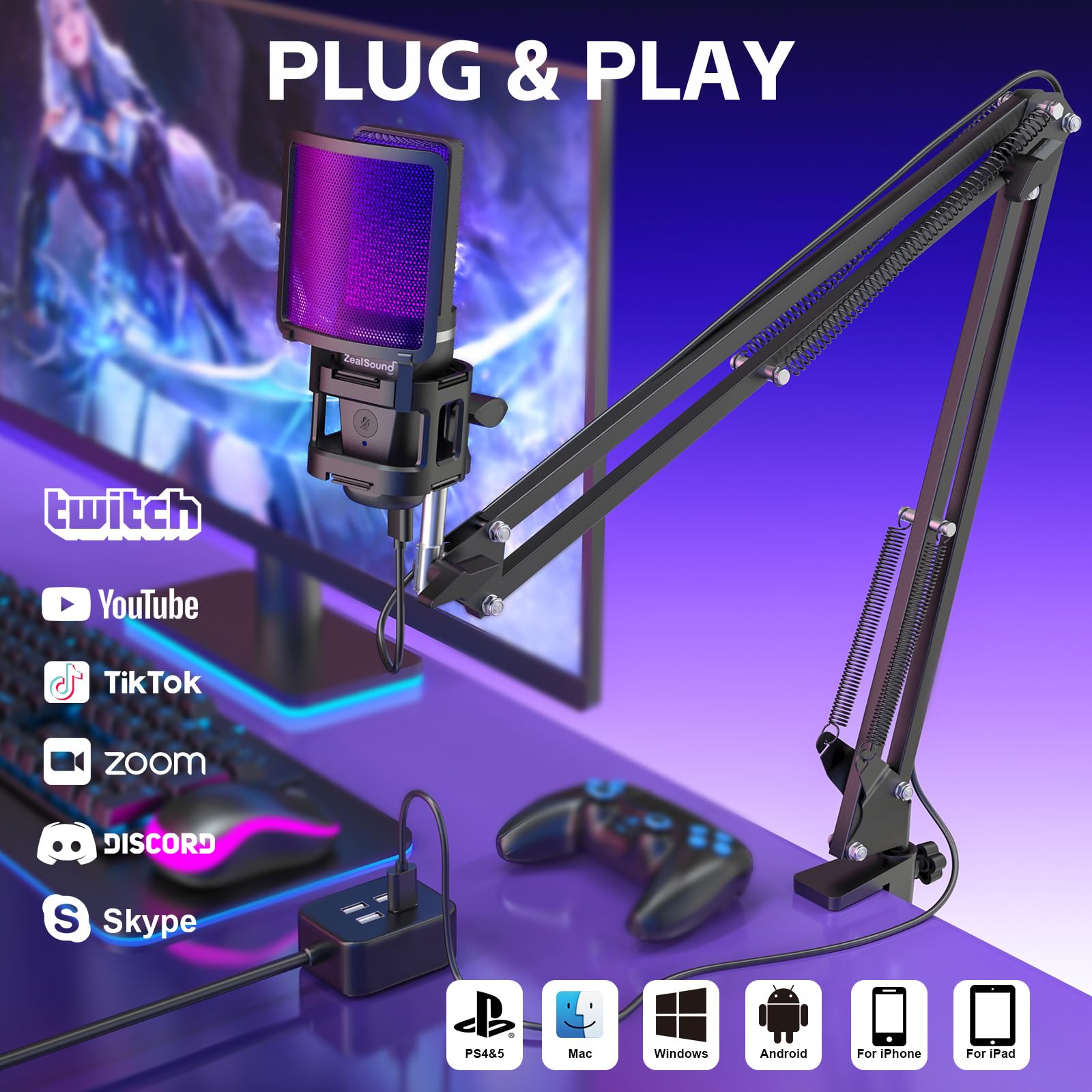 ZealSound Gaming USB Microphone,Noise Cancellation Condenser mic, with Mute,Gain,Monitoring,Boom Arm,Pop Filter for Phone,PC,Computer,PS4,PS5,Mac,Streaming,Podcast,Twitch,YouTube,Discord: RGB Microphone