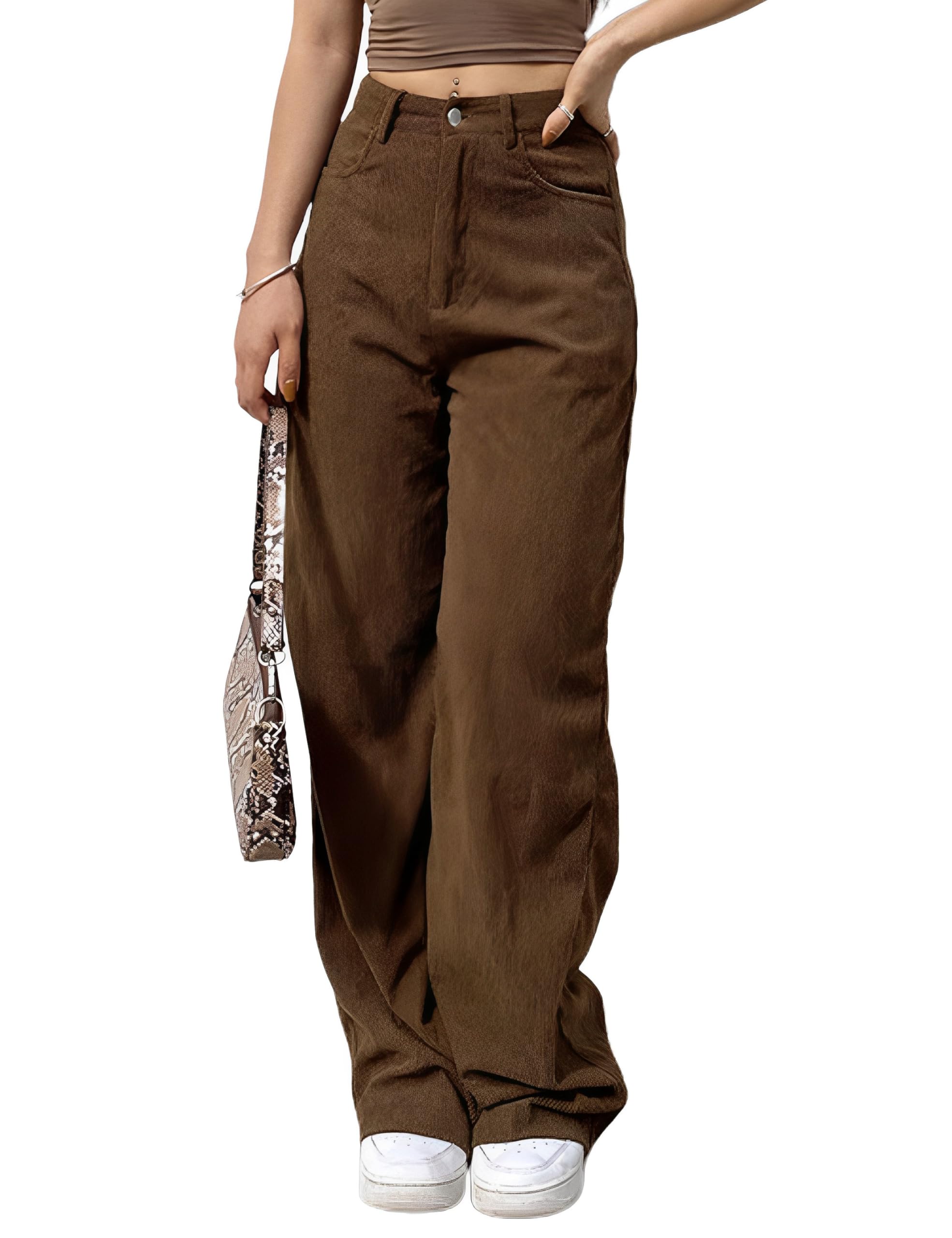 Himosyber Corduroy Pants for Women Casual Elastic High Waist Stretchy Wide Leg Pants Loose Fit Comfy Trousers with Pockets thumbnail 1