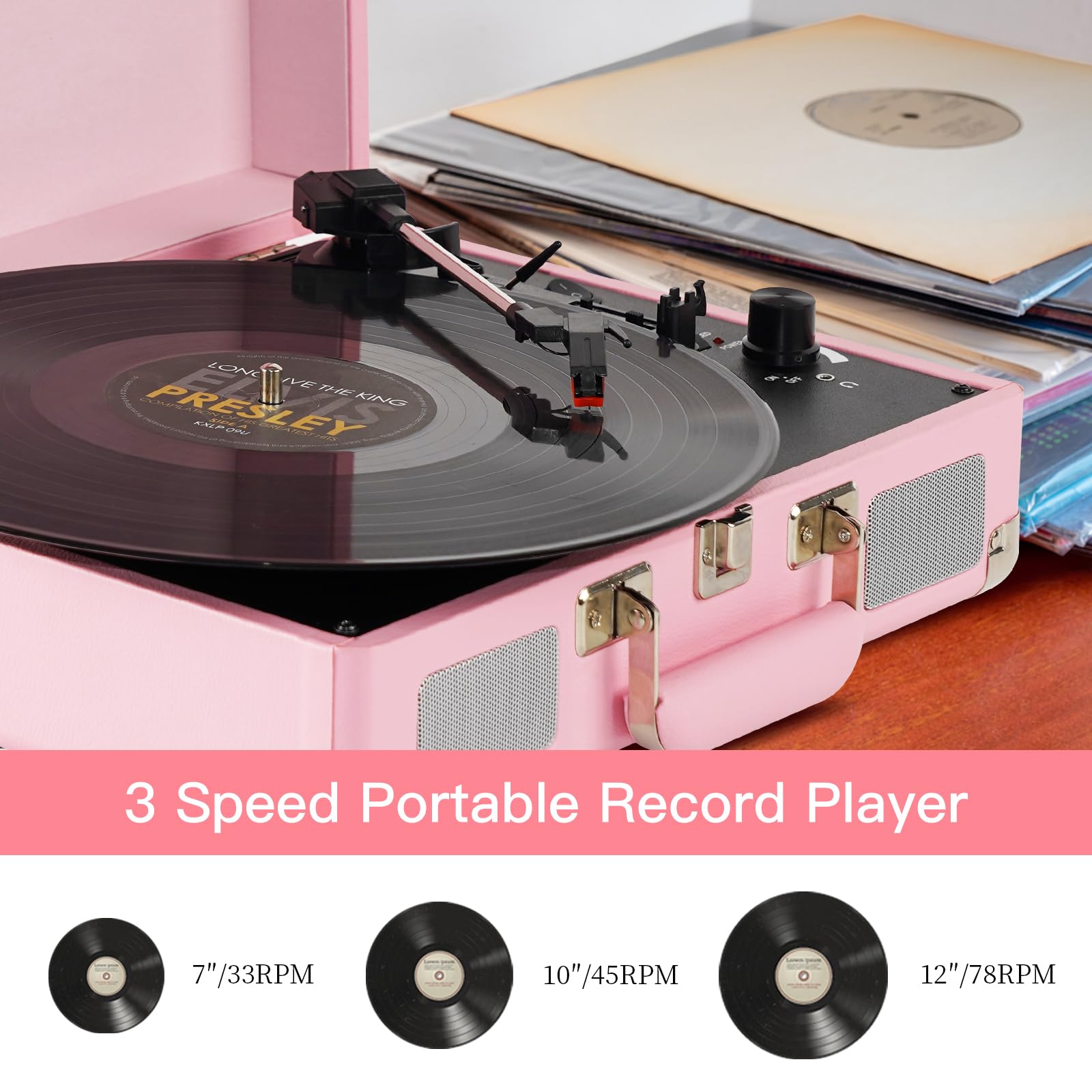 JORLAI Pink Vinyl Record Player 3 Speeds Portable Suitcase Turntable with Built-in Dual Speakers, Bluetooth Gramophone with Built-in Battery 3.5mm Aux Input/RCA Output