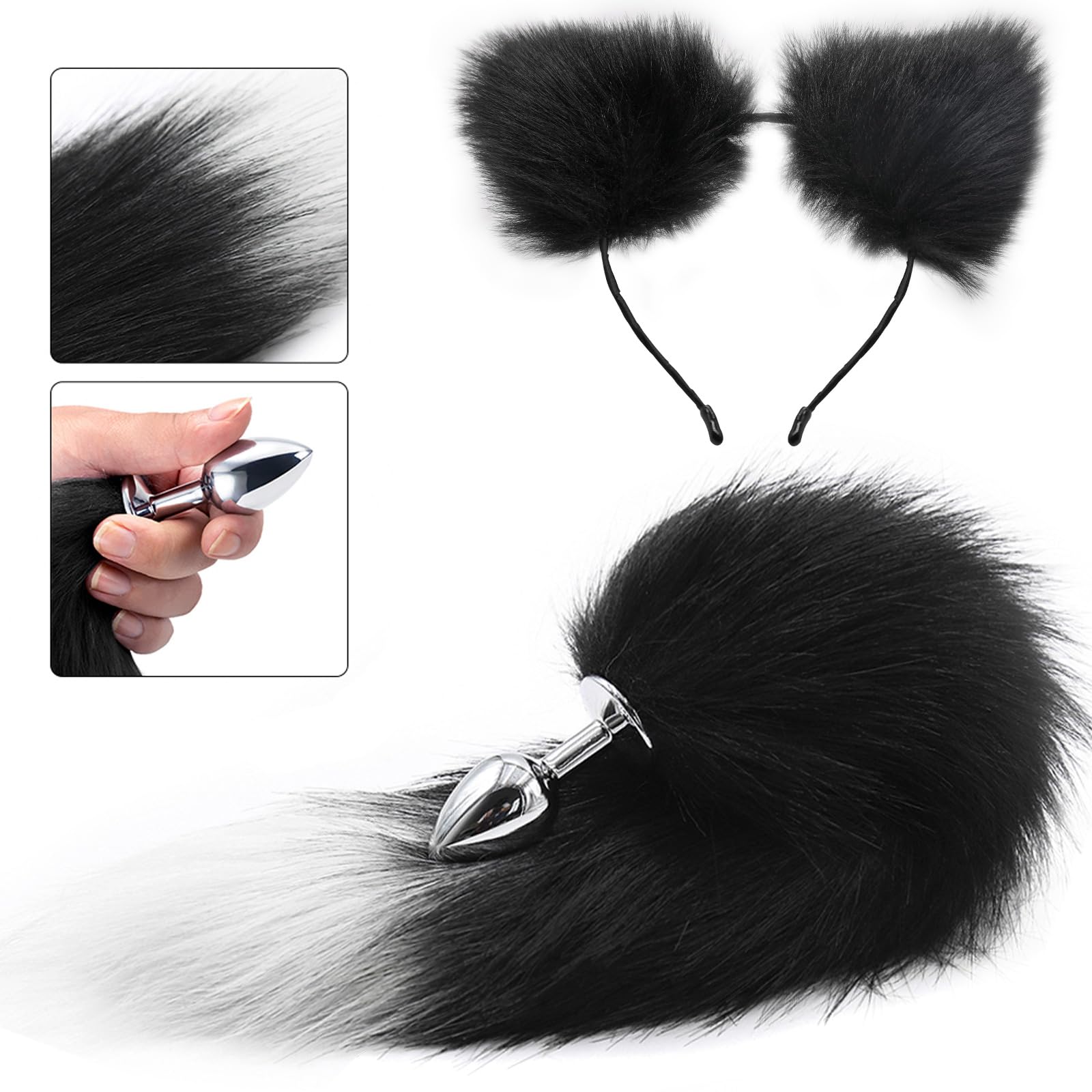 Stainless Steel Anal Butt Plug with Faux Silver Fox Tail and Ear-Anal Stopper Tail Sex Toy for SM Adult Games or Cosplay