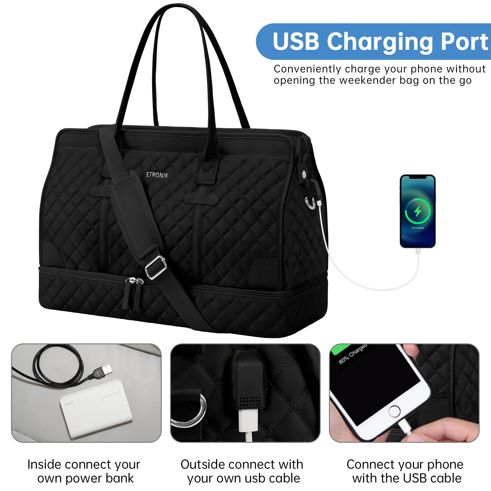 ETRONIK Weekender Overnight Bag for Women, Large Travel Duffle Bag with Shoe Compartment & Wet Pocket, Carry On Tote Bag Gym Duffel Bag with Toiletry Bag for Hospital 3 Pcs Set, XL Size, Dark Black: Extra Large Dark Black