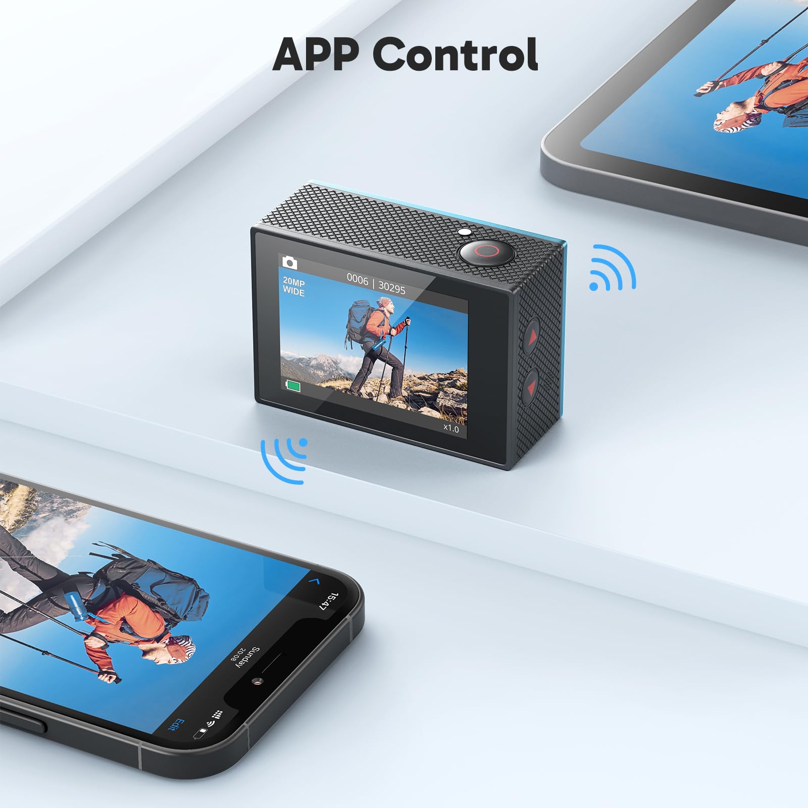 AKASO EK7000 4K30FPS 20MP WiFi Action Camera with EIS Ultra HD 131FT Waterproof Underwater Camera Remote Control 4X Zoom Support External Microphone: Blue