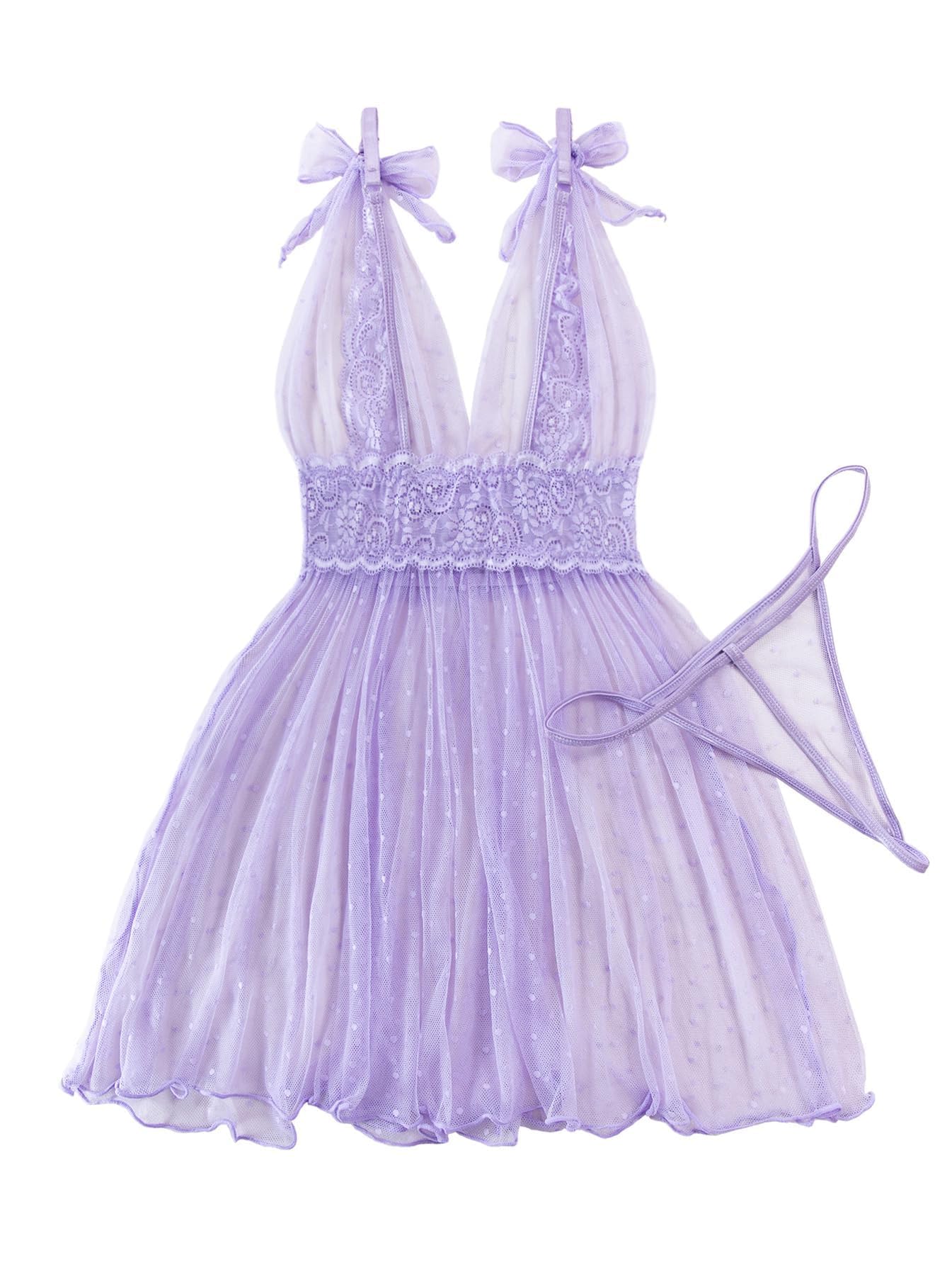 Lilosy Sexy Polka Dots Mesh Sheer Lace Babydoll Chemise Lingerie Set Floral Lace Sleep Wear: Large Light Purple