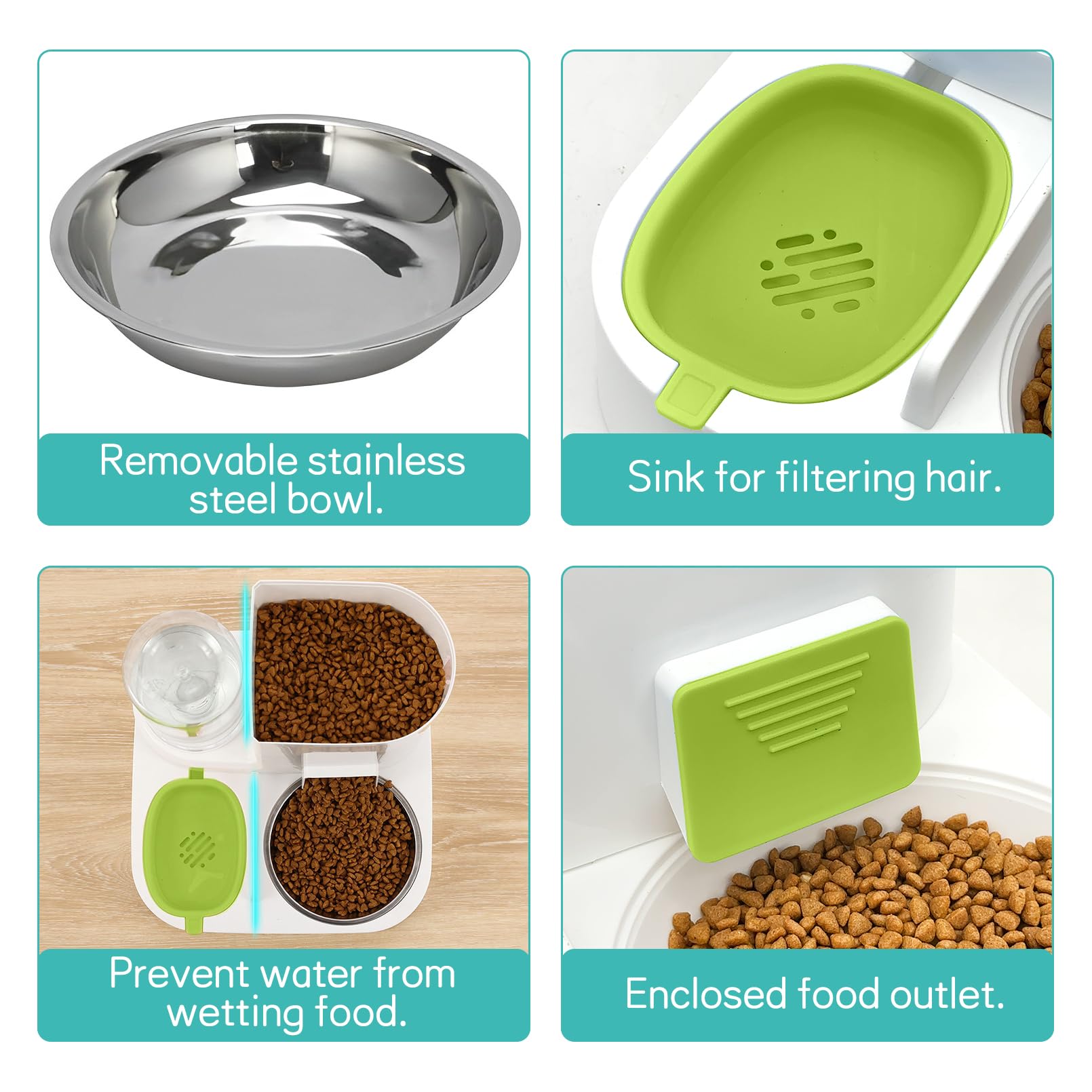 Fhiny Gravity Cat Feeder and Water Dispenser, 2 in 1 Automatic Pet Waterer Detachable Stainless Steel Food Bowls Set Pet Food Storage for Small Dog Puppy Cat Kitten Pet Easy Clean (Grey): Style A Green-Metal Bowl