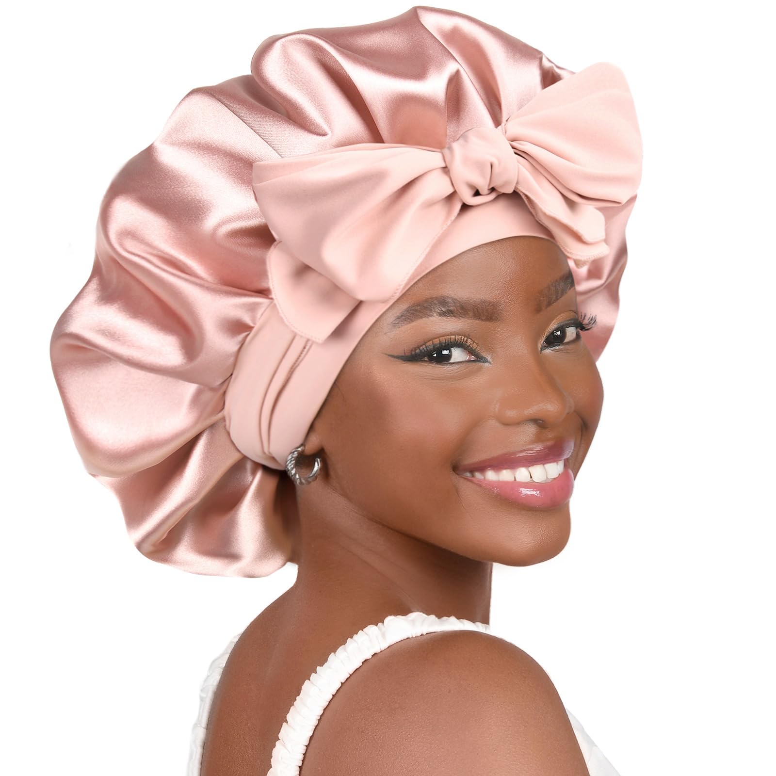 YANIBEST Silk Bonnet for Sleeping Women Satin Bonnet Double Layer Satin Lined Hair Bonnet with Tie Band Curly Hair Blush Pink: Large Blush Pink