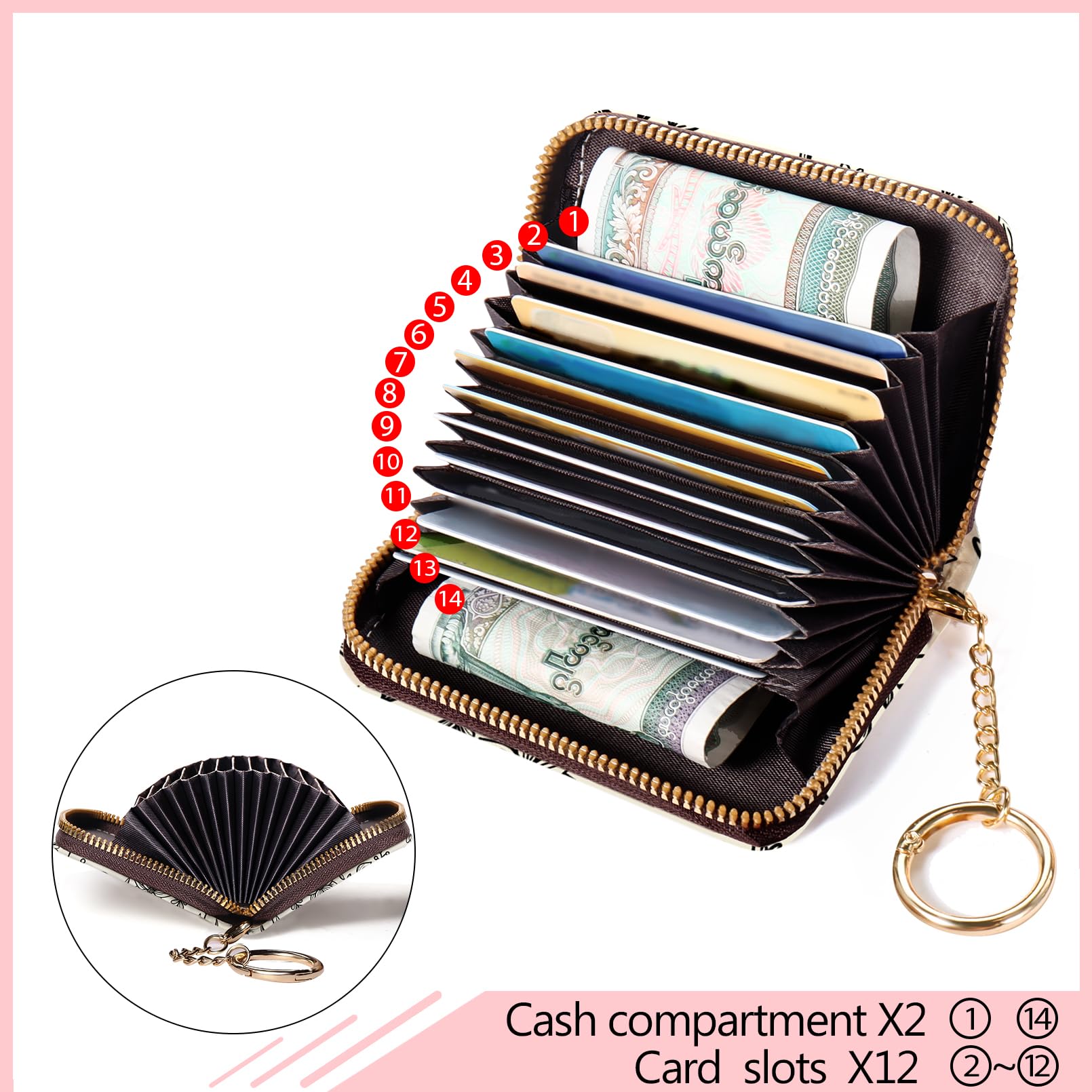 Blusabaca  Credit Card Holder for Women, Gothic Floral Small RFID Wallet with Zipper, Card Keychain Wallet, Leather Wallet Card Case, Business Accordion Wallet Gift: Goth Bat