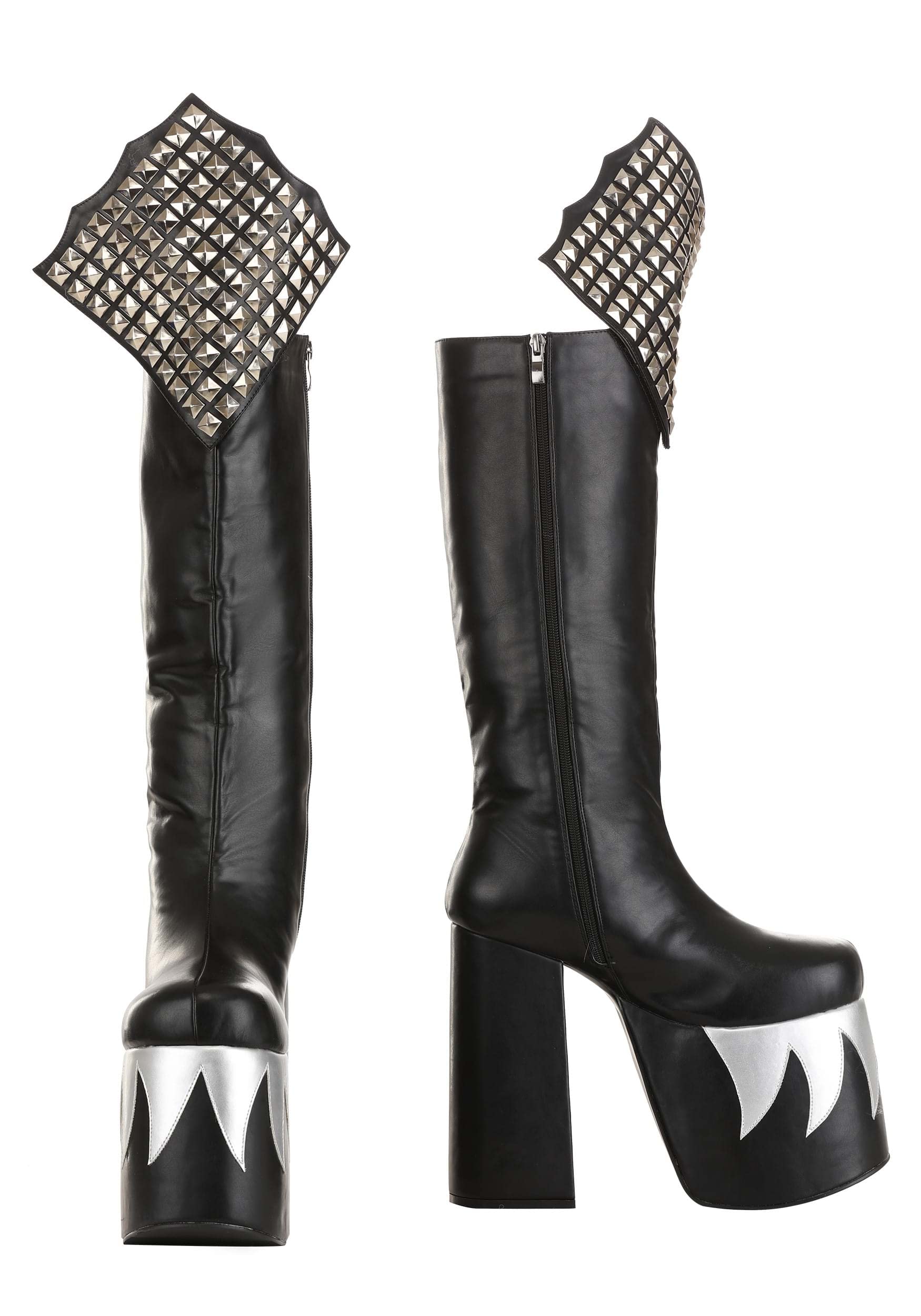 Fun Costumes KISS Demon Boots for Men's Cosplay Costume, Gene Simmons Black Platform Boots with Silver Flame Design Size 10