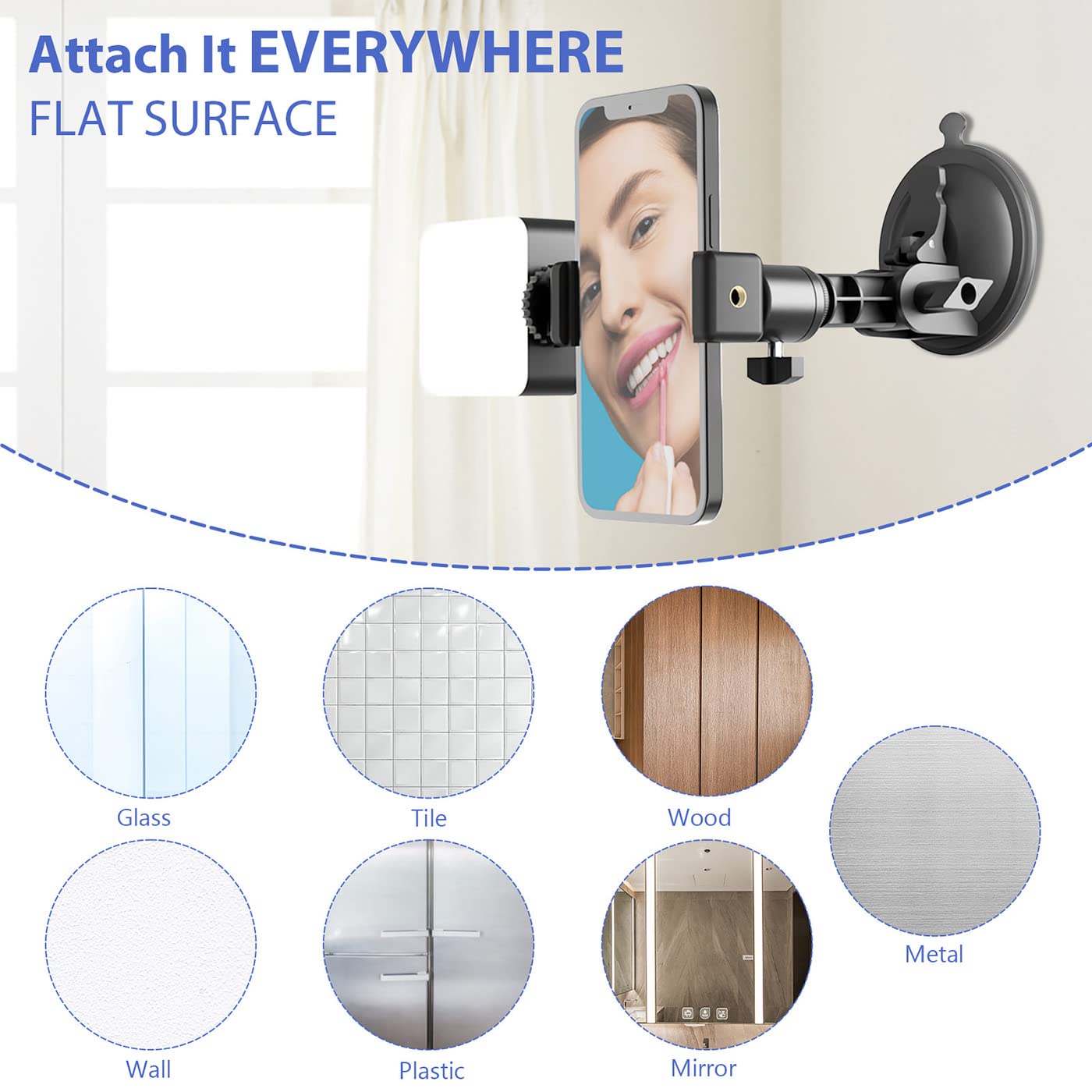LenTok Suction Cup Mirror Phone Holder with Light, Travel Wall Phone Camera Mount for Makeup Content Creator Essentials, Mirror Tripod for Bathroom Kitchen Compatile with All Smooth Surface thumbnail 2