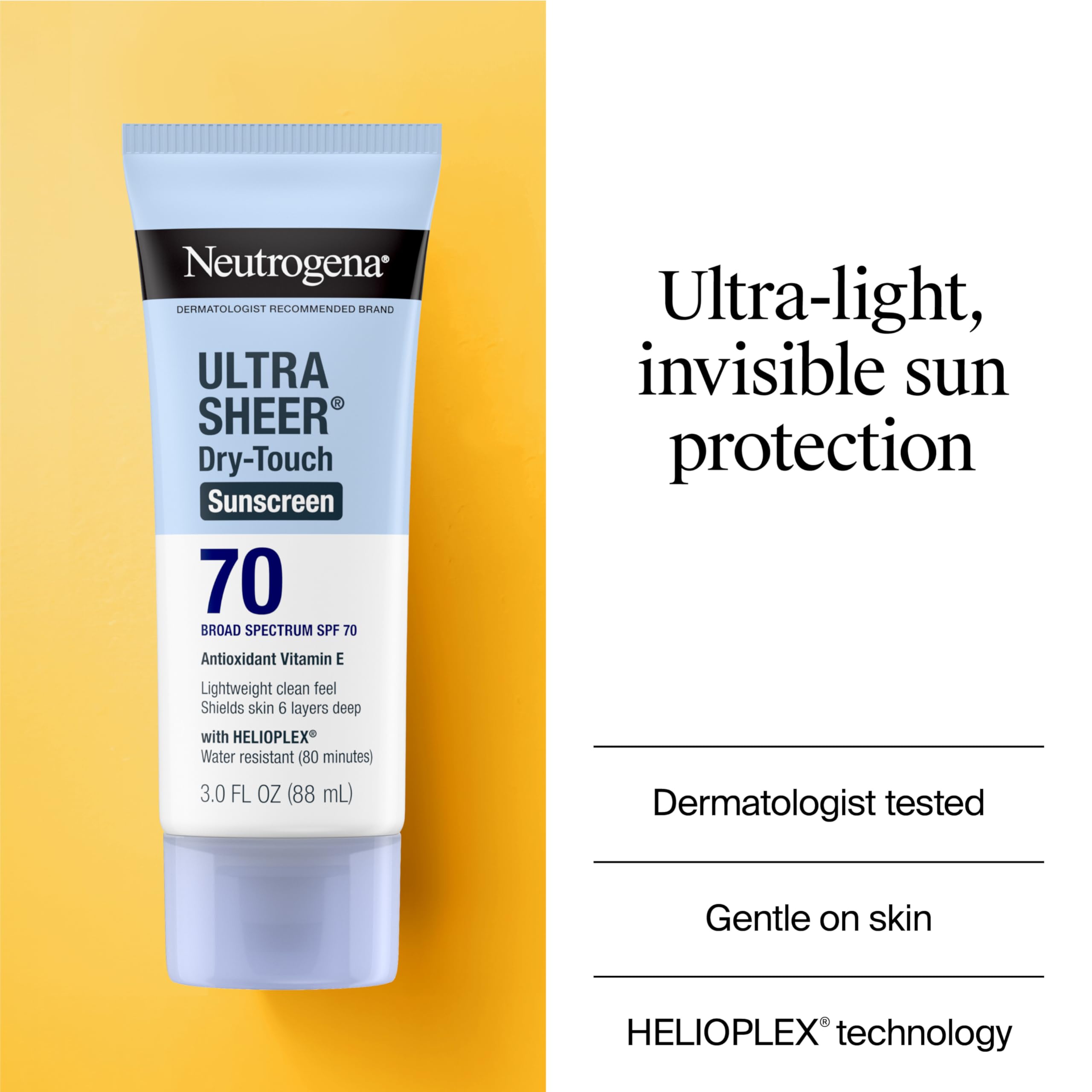 Neutrogena Ultra Sheer Dry-Touch Water Resistant and Non-Greasy Sunscreen Lotion with Broad Spectrum SPF 70, 3 Fl Oz (Pack of 1): 3 Fl Oz (Pack of 1) SPF 100+