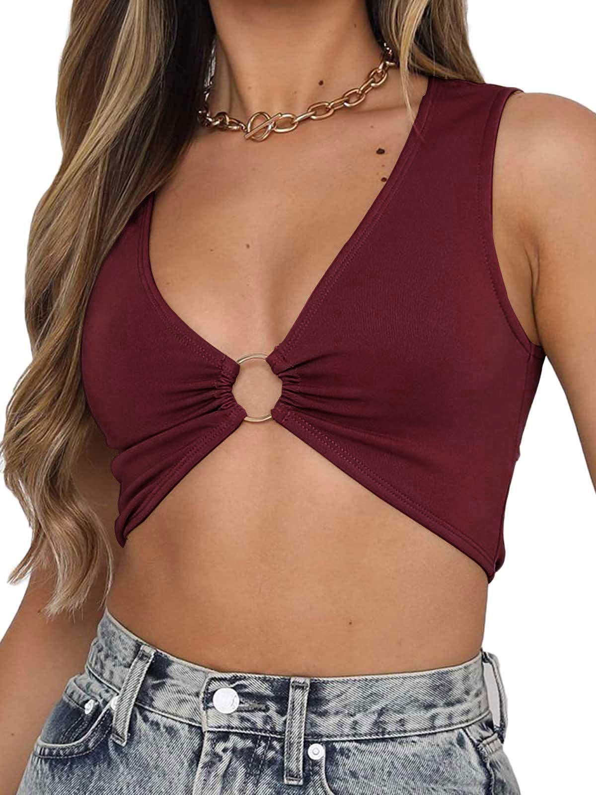 BEJONS Women Sexy Y2k Corset Like Crop Top Deep V Neck Bra Night Going Out Festival Rave Top: Burgundy Medium