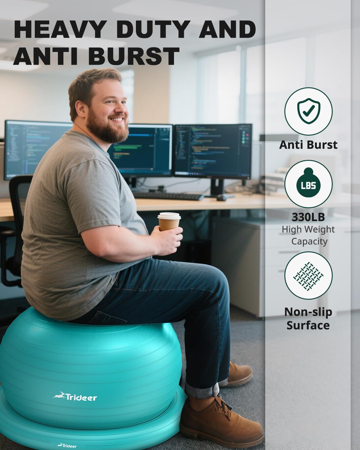 Trideer Yoga Ball Chair with Base - Stability & Fitness Ball Seat for Home Office, Pregnancy & Workout: L(23-26ines/58-65cm) Turkis