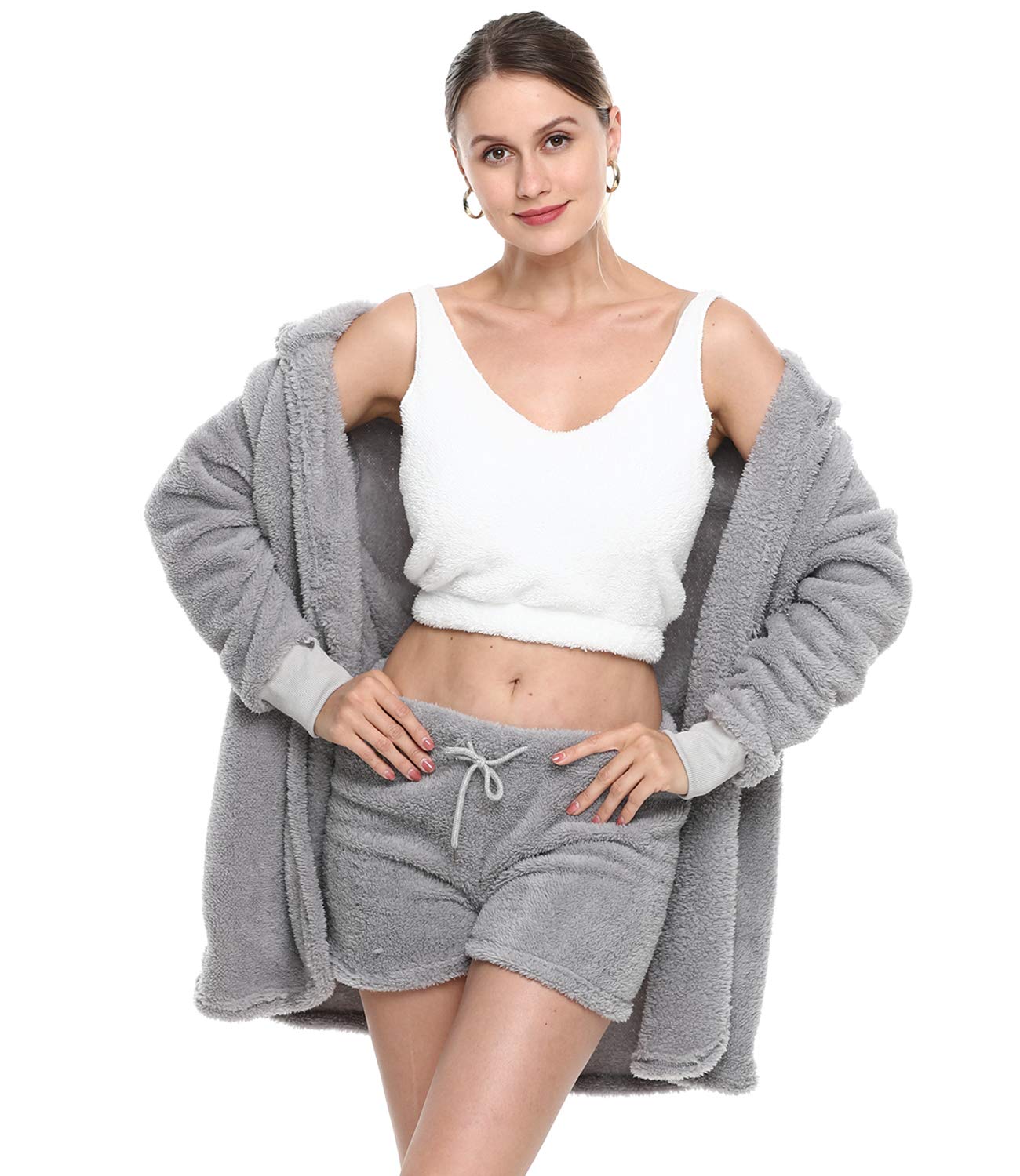 VNVNE Womens Sexy Fuzzy Warm Sherpa Fleece 3 Piece Outfit Fleece Coat Jacket Outwear and Spaghetti Strap Crop Top Shorts Set: Large Grey