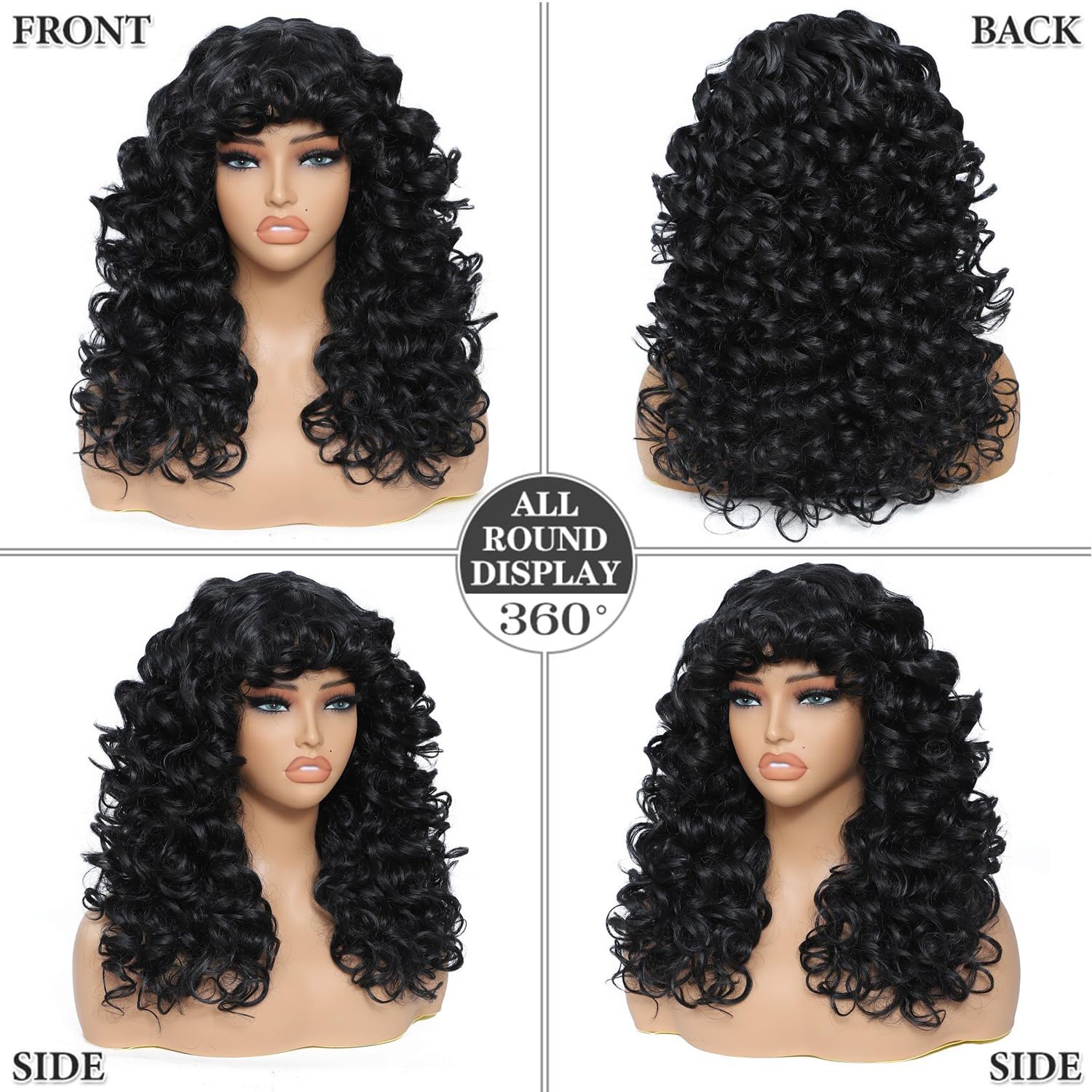 GKtineke Curly Wig with Bangs, 20 Inch, , Synthetic Hair, Heat Resistant, Modern Style, Female, 22.5 Inch Cap Size, Curly Wig with Bangs for White & Black Women, Cosplay & Daily Use: black