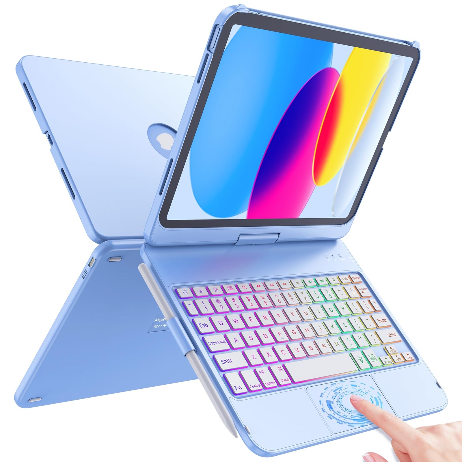 FUWANG Touch Keyboard Case for iPad (A16) 11th Generation 11 inch 2025&10th Gen 10.9 inch 2022, 360° Rotate for iPad 10th Generation Case with Keyboard, Backlit Keyboard Case with Pencil Holder, Blue