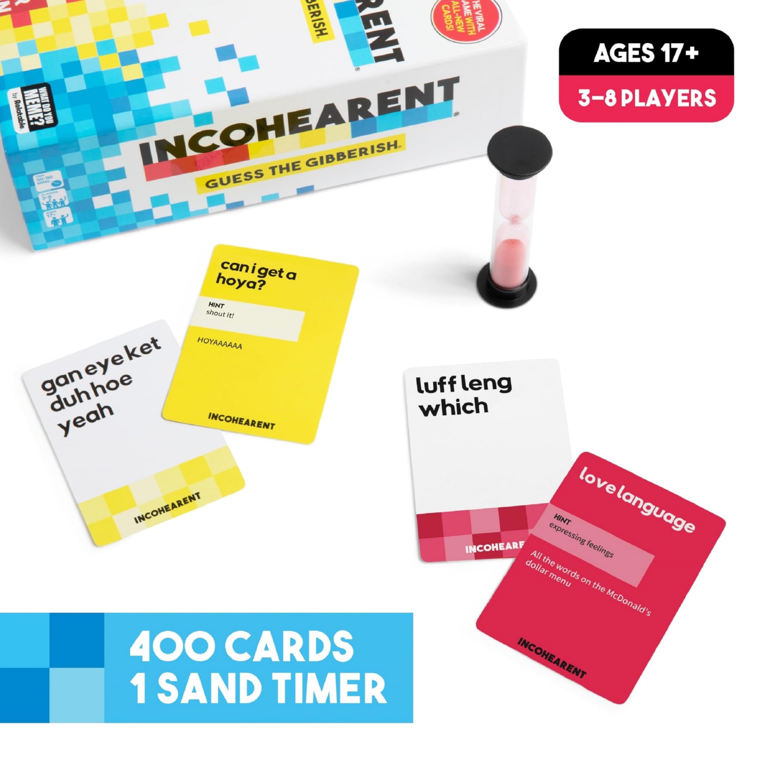 WHAT DO YOU MEME? Incohearent, The Guess The Gibberish Party Game by Relatable, A Funny Card Game for Adults, Great for Game Night Games, Includes 400 Cards, Instructions, and 1 Sand Timer