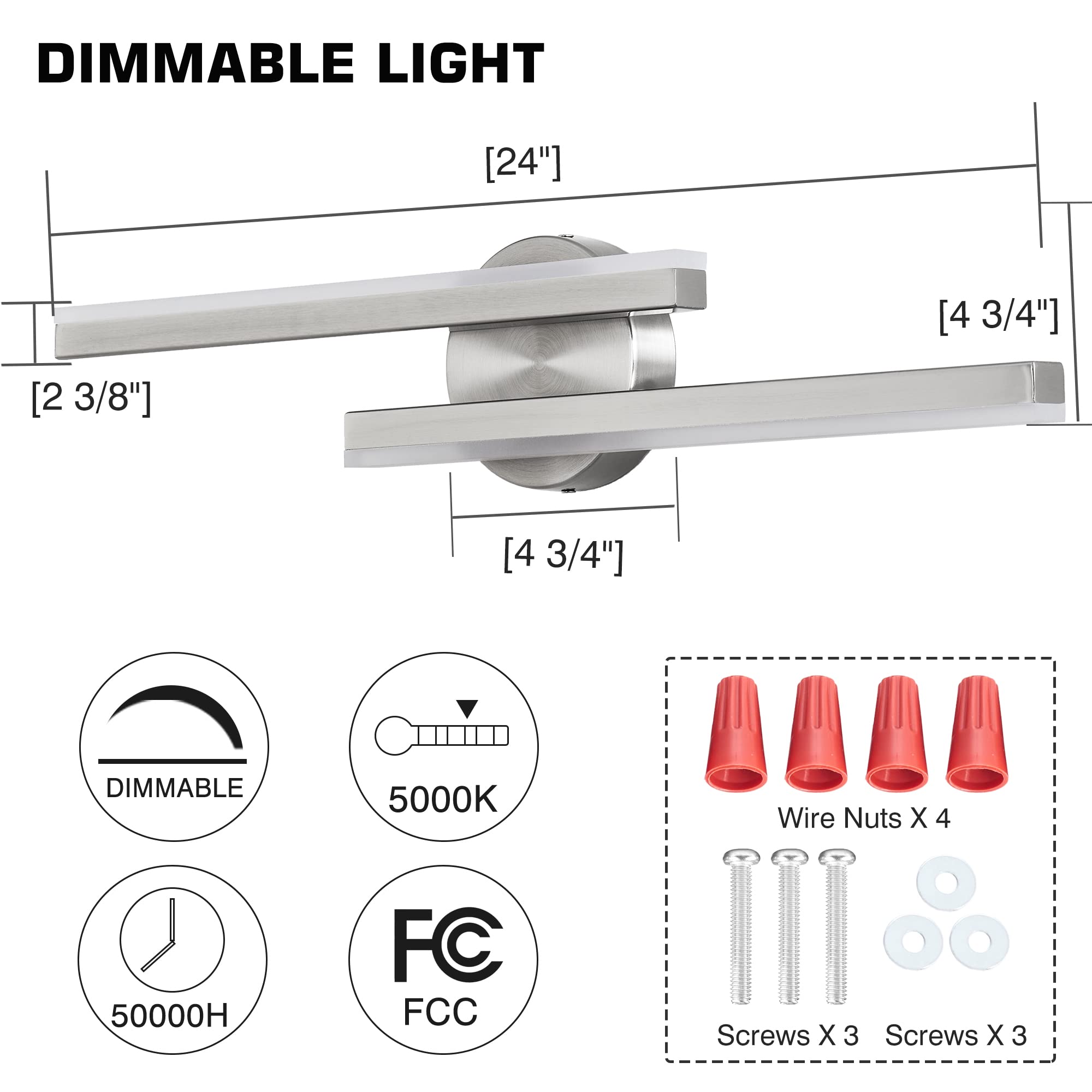 KAMLAM 24" Modern Led Bathroom Vanity Light 2 Light, Dimmable Over Mirror Vanity Lighting Bar Rotatable, 24W Cool White 5000K, Adjustable Nickel Vanity Light Fixture for Bedroom: Silver 24in 2-Light