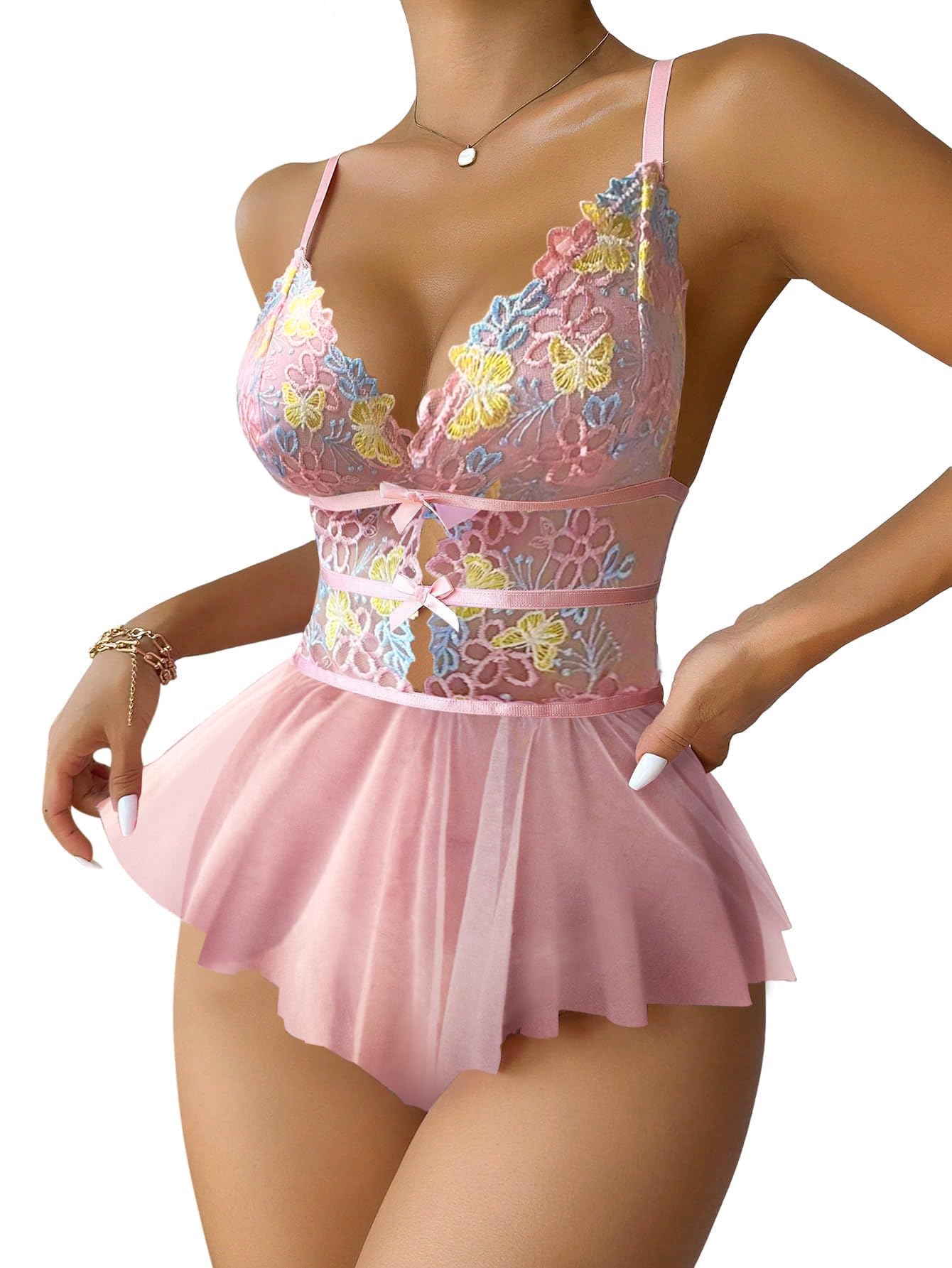 Lilosy Sexy Bows Floral Lace Mesh Babydoll Lingerie Romper: X-Large Pink Embroidery