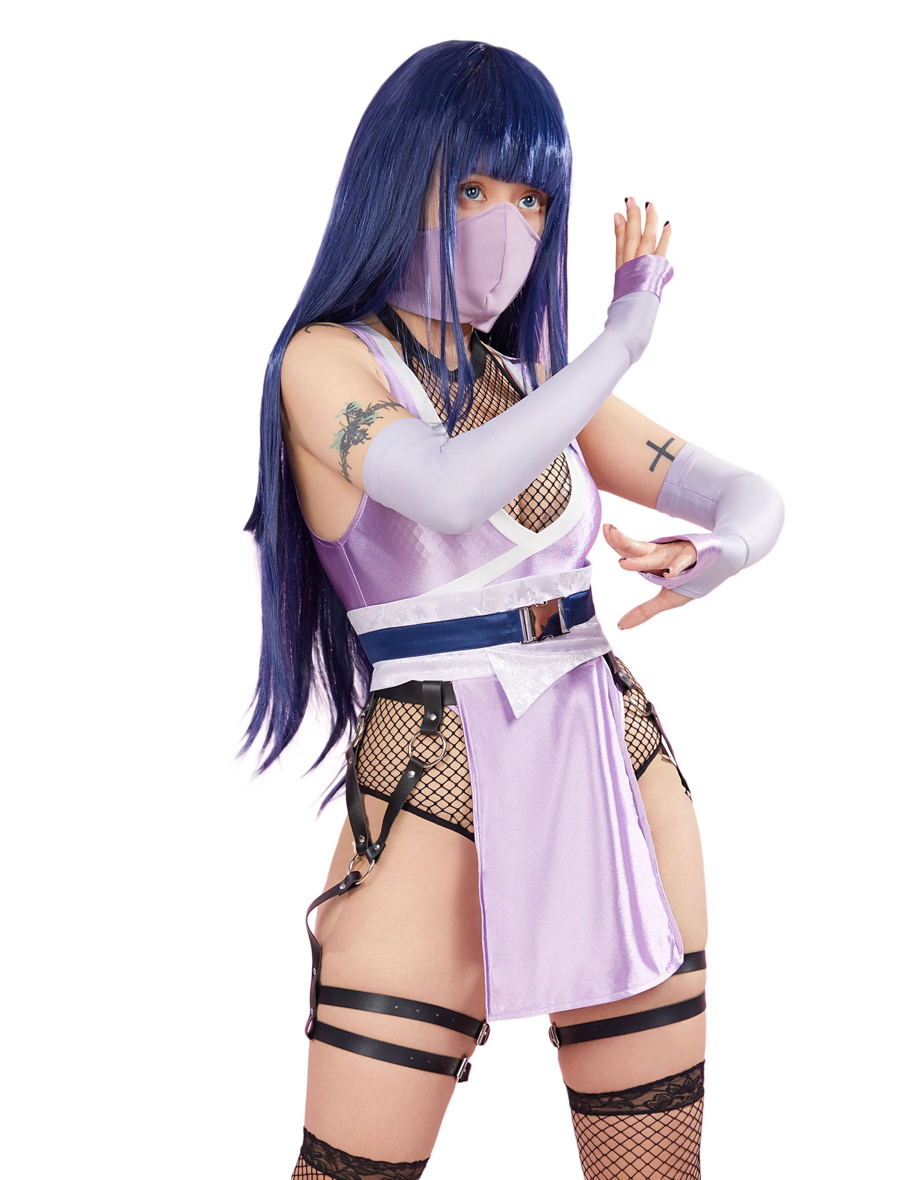Mobbunny Womens Anime Cosplay Costume Purple High Slit Bodysuit Fishnet Mesh Bodysuit with Mask and Thigh Socks: Small