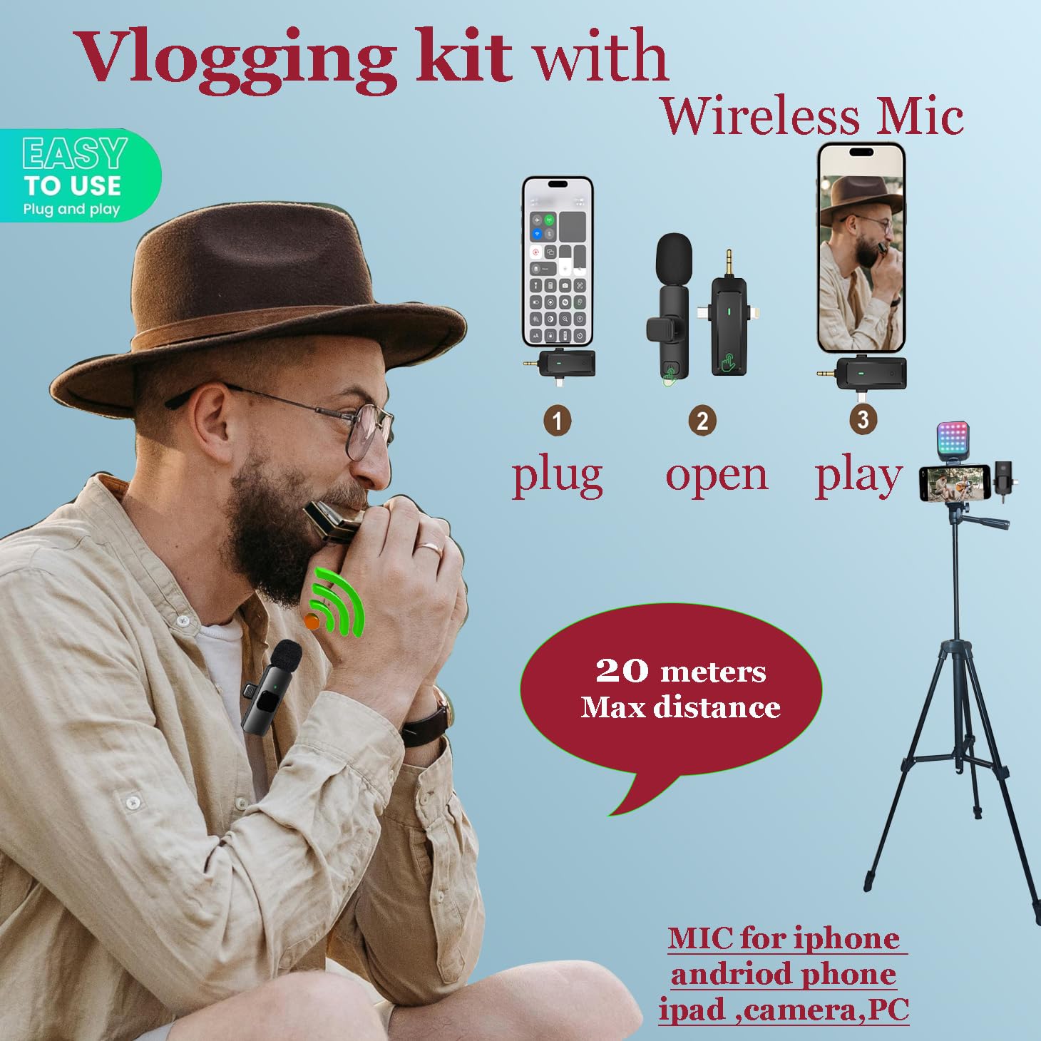 Litchitech Vlogging Kit for iPhone,Vlogging Kit for Andriod Phone,Vlogging Camera Kit,with Tripod 60" / Multiple Holders/RGB Light/Lavalier Mic/Remote: With shotgun-shape short Tripod